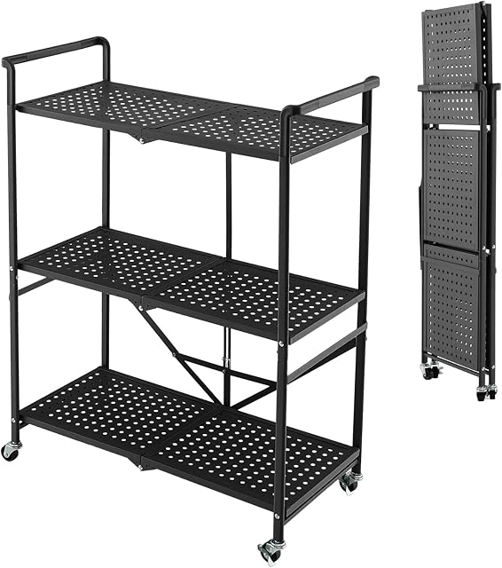 TANGZON 3-Tier Foldable Storage Trolley Cart, Steel Rolling Utility Service Cart with Locking Wheels & Handles, Mobile Shelving Unit Organiser for Kitchen Bathroom Office Laundry Room Garage