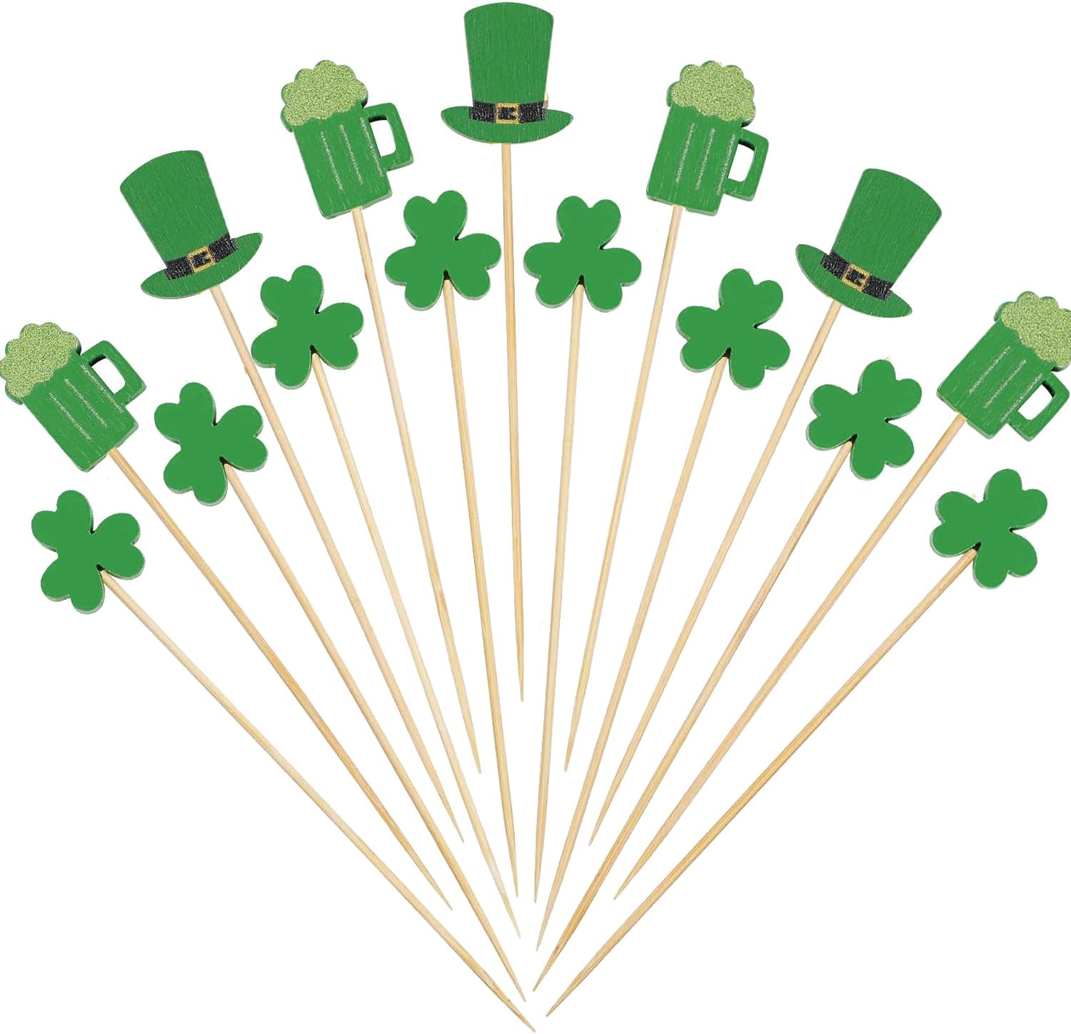 DERAYEE 150 Pcs St Patrick's Day Cocktail Sticks, 4.7 Inch Shamrock Irish Green Hat Green Beer Clover Disposable Bamboo Sandwich Fruit Toothpicks for Appetizers St. Patrick's Day Party