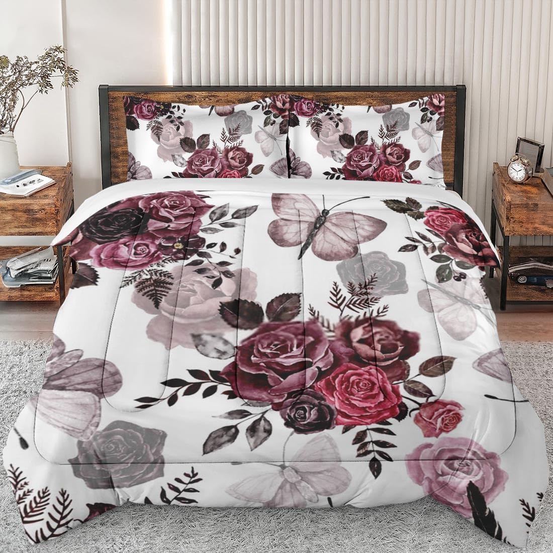 Comforter Set King Size, Vintage Red Burgundy Rose Soft