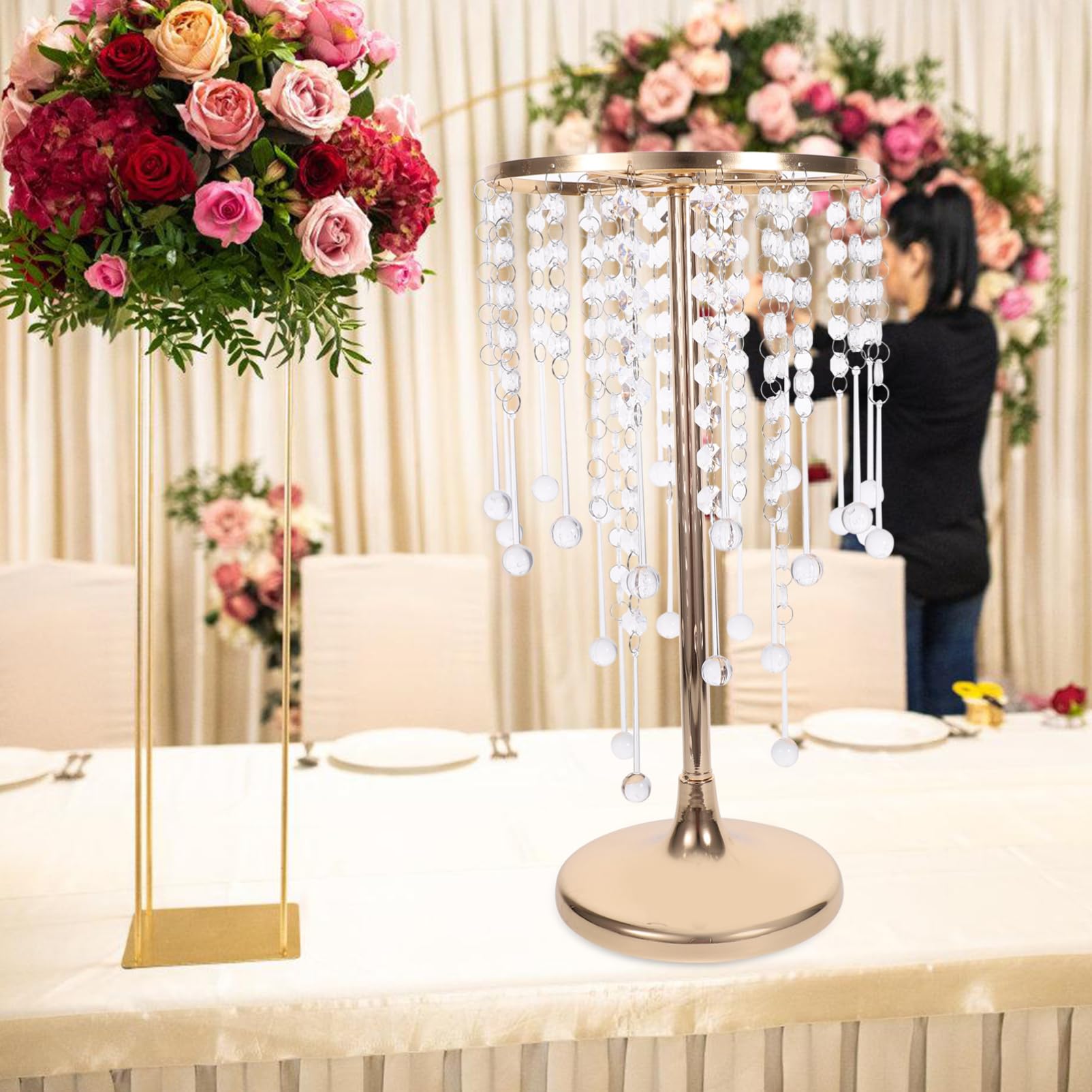 Vaso Centrotavola Matrimonio in Metallo con Cristalli per Tavolo Cerimonia | Decorazione per Fiori Freschi o Artificiali, Resistente alla Ruggine, Robusto, per Allestimenti Nuziali