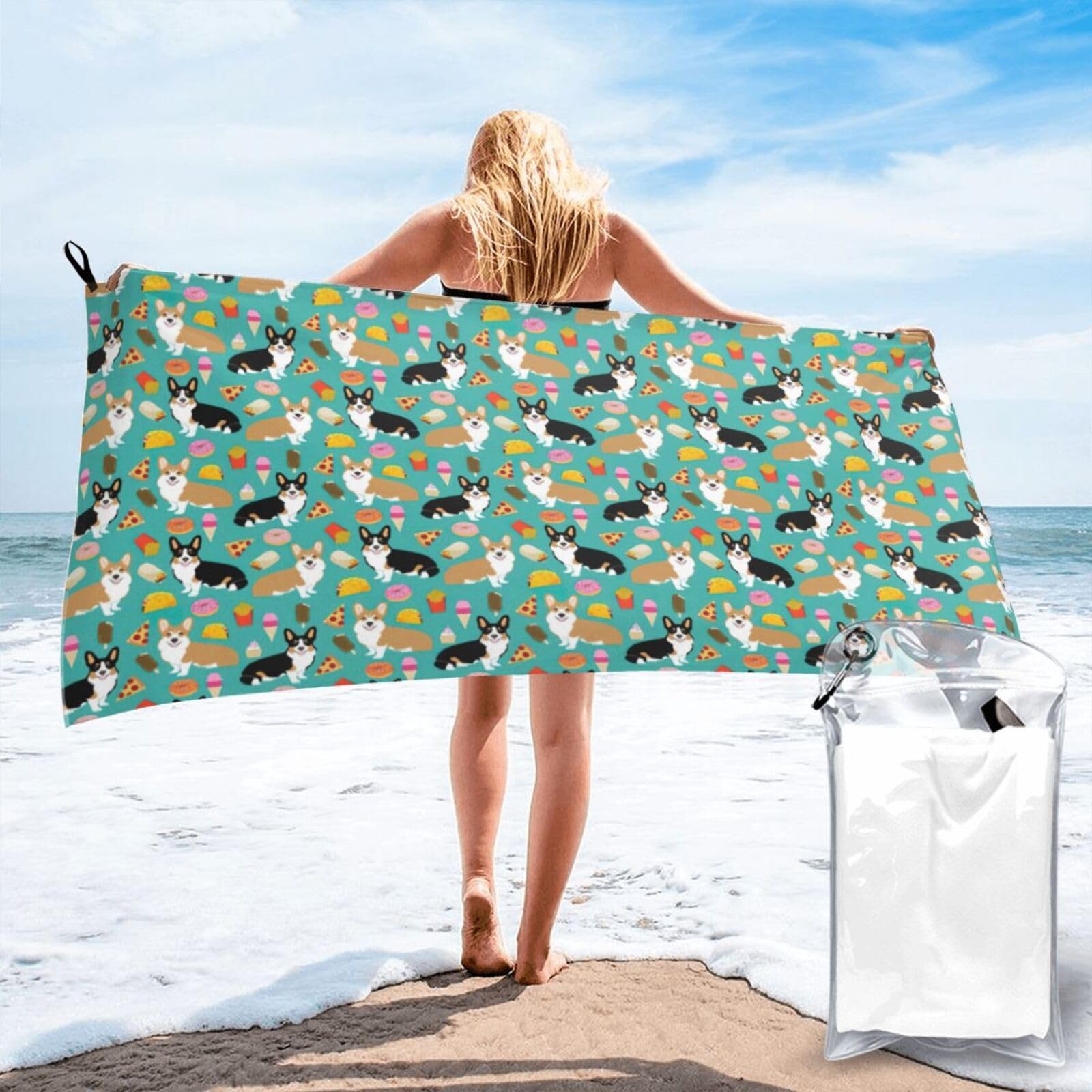 SDEGTHO Cute Corgi Print Beach Towel Quick Dry Portable For Swimming Yoga Adults Fitness