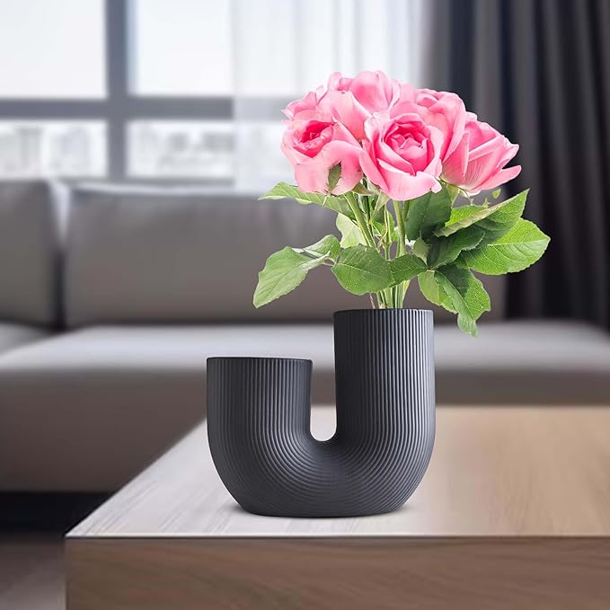Black U Shaped Ceramic Vase for Home Decor, Modern Black