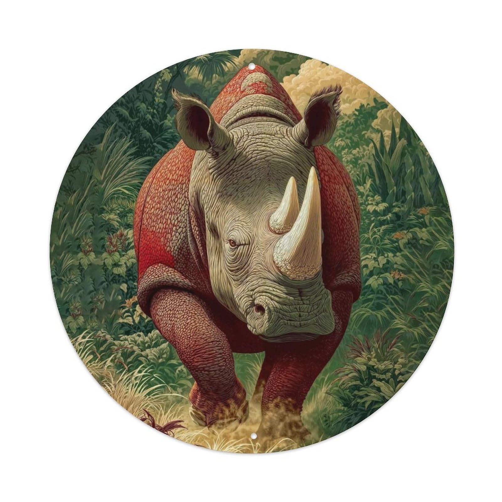 Vintage Animal of A Red Rhino in Tropical Rainforest Jungle Vintage Metal Tin Sign Plaque Wall Decor for Cafe, Club Bar, Office, Garden Metal Poster 8x8Inch