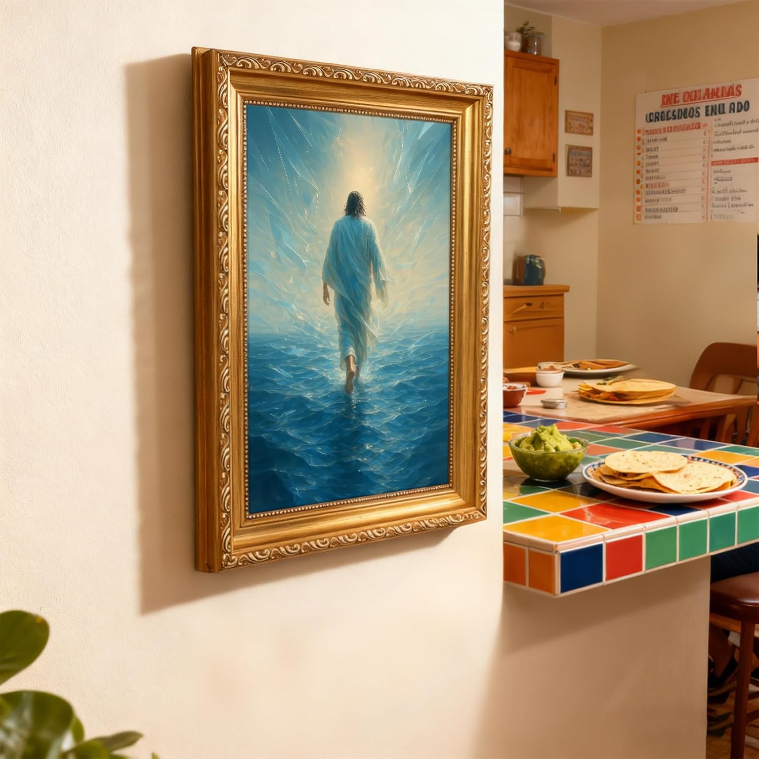 QWETYY666 Gold Frame Christian Wall Art Blue Jesus Walking On Water Canvas Wall Decor Religious Modern Jesus Divine Light Pianting Pictures Prints For Living Room Bedroom Church 12x16 inch