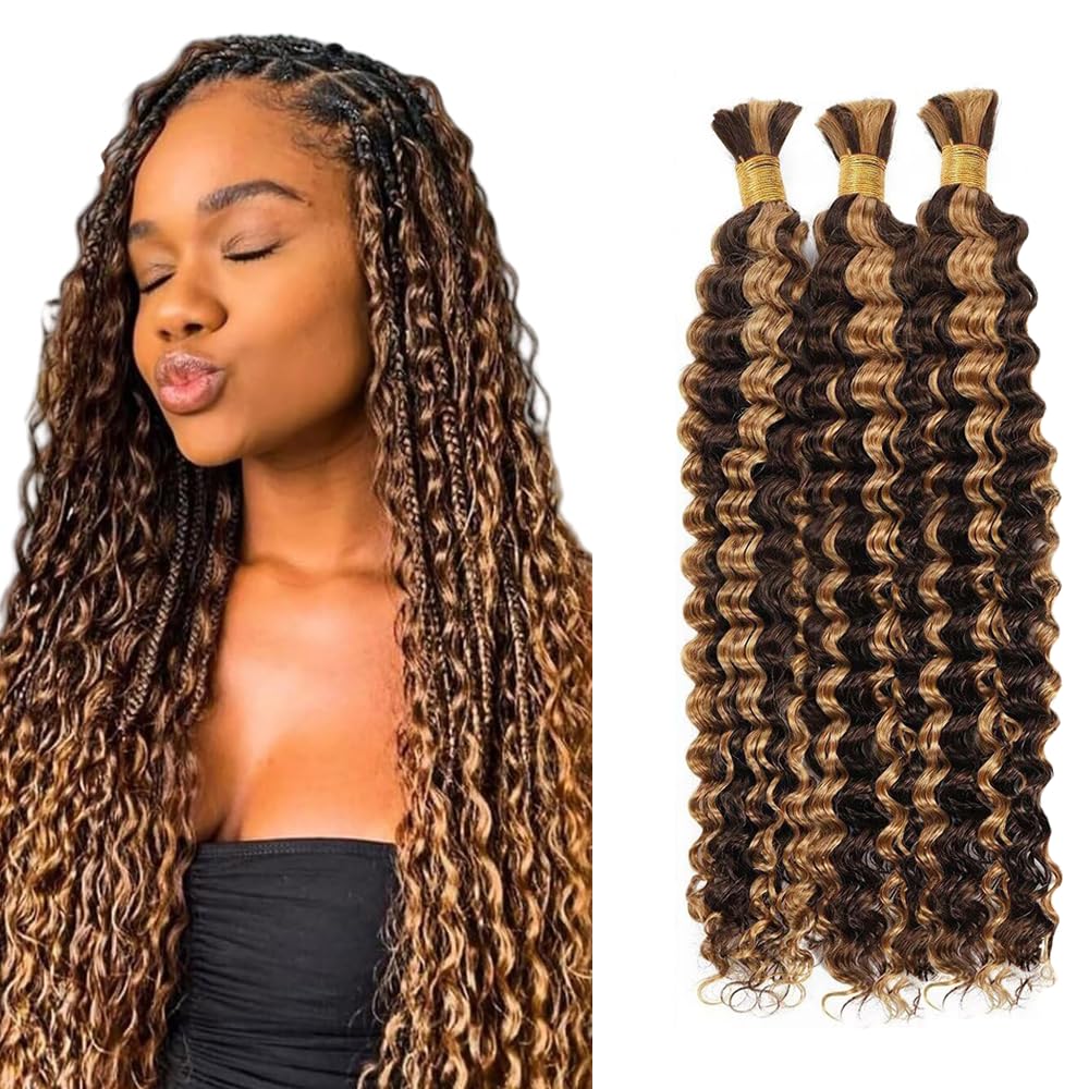 26 26 26 Pouce Deep Wave Bulk hair for Braiding P4/27 Light Blonde Cheveux humains 3 Bundles/Pack No Weft Premium Braiding Hair Extensions for Boho Braids With Minimal Tangle