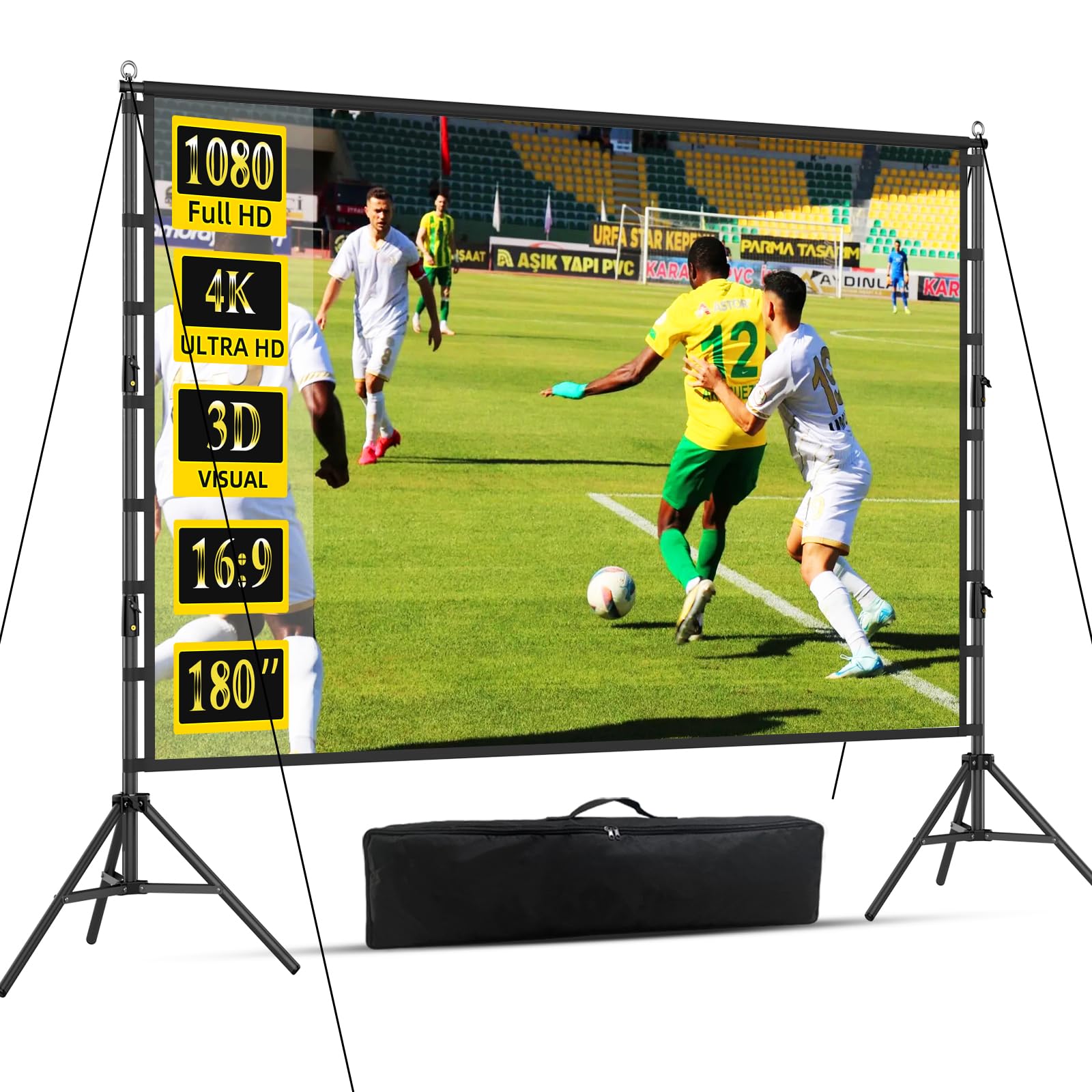 Outdoor Projector Screen with Stand, 180 inch Indoor Movie Screen 16:9 4K Rear Front Portable Projection Screen, Quick Setup Foldable Travel Home Theater Screen with Carry Bag for Backyard Camping