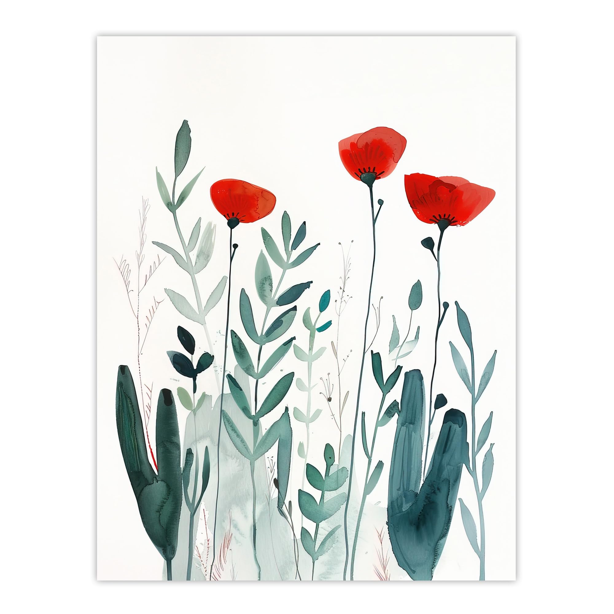 Artery8 Wild Poppy Flowers Bright Red Teal Watercolour Living Room Large Wall Art Poster Print Thick Paper 18X24 Inch