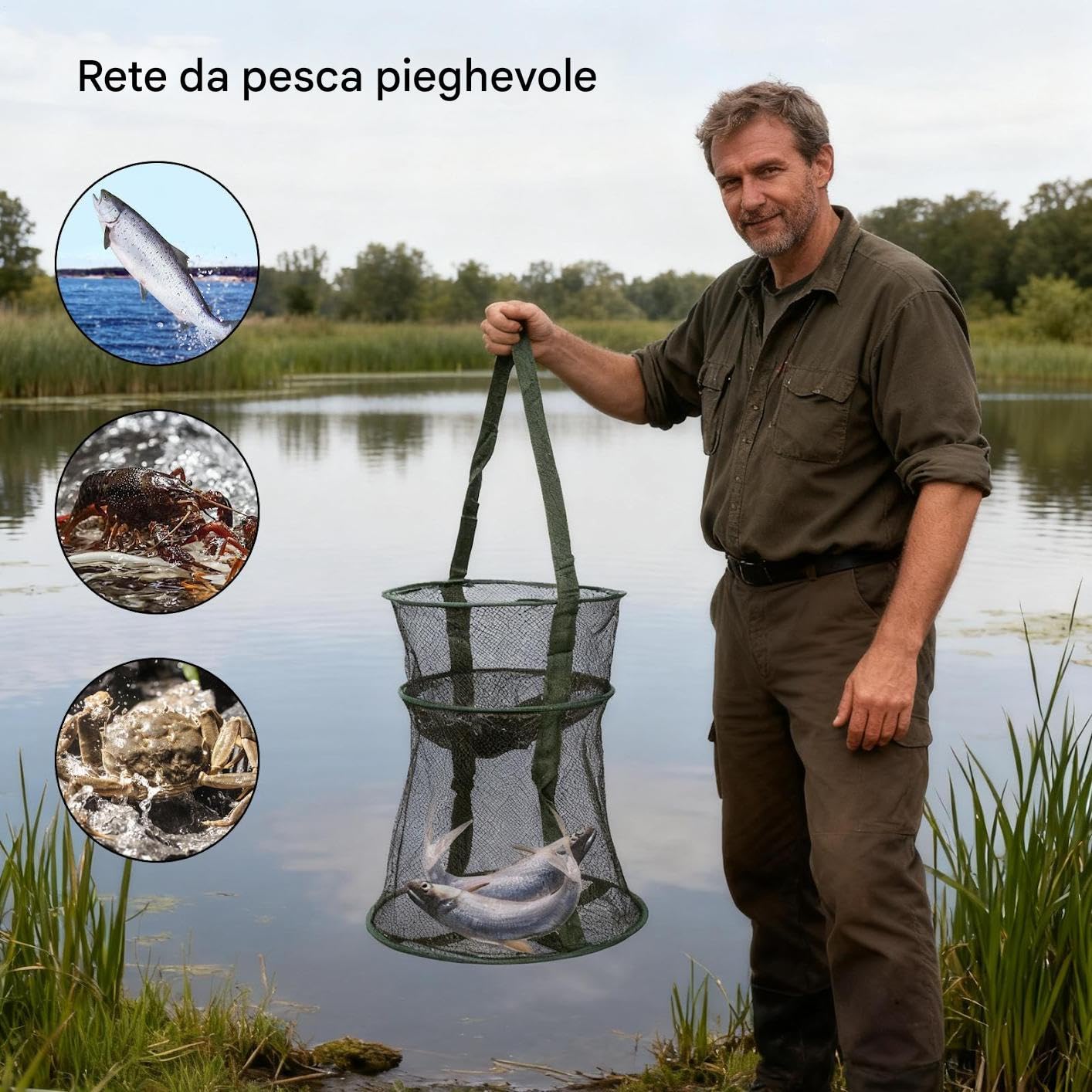 Rete Per - Cestino Di Cattura Pieghevole, Manico Estensibile, Trappola In Rete Antifuga | Guadino Porta Pesci Portatile Per Acqua Salata Lago Fiume Oceano Uomo Donna Principiante Uso Ester