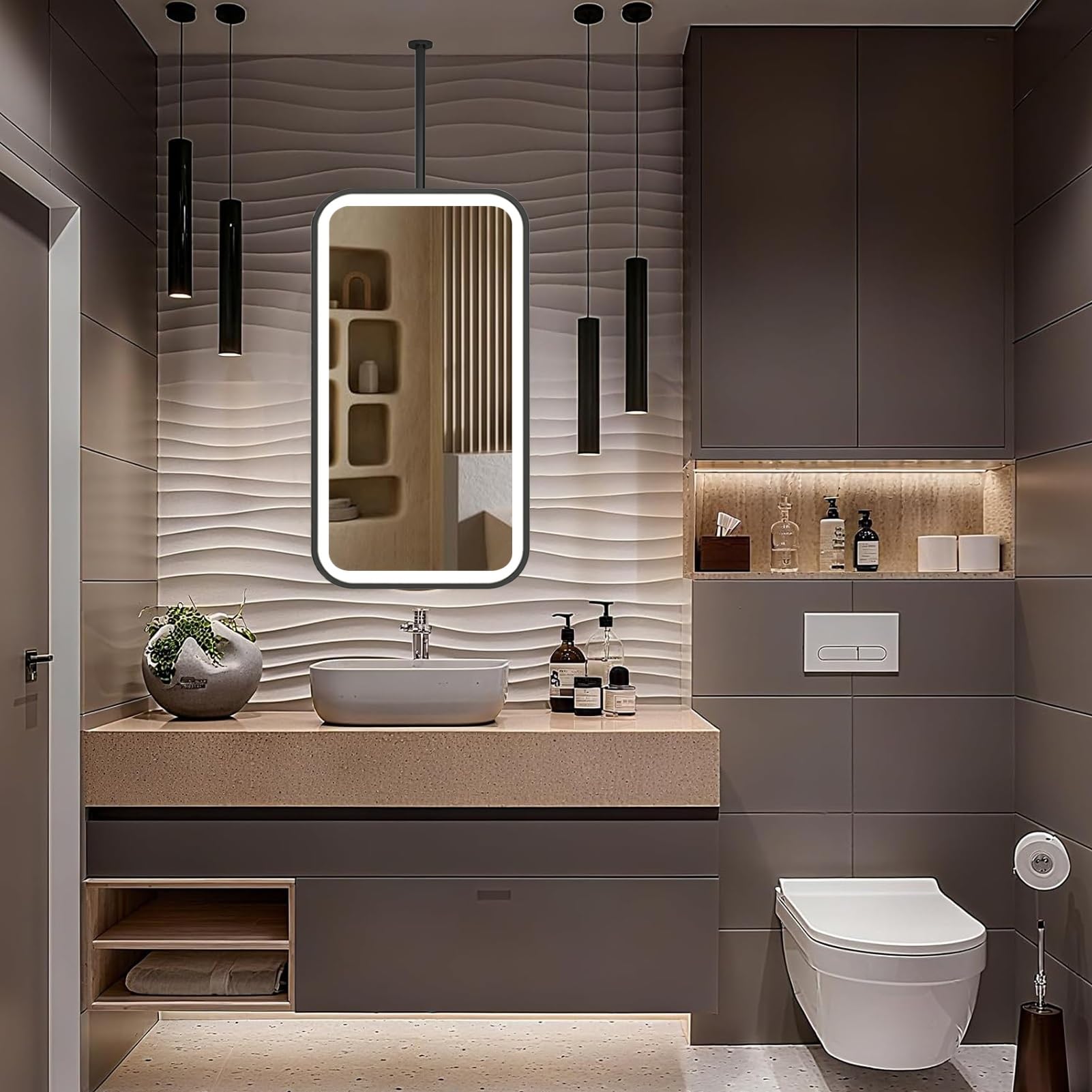 FGXHHS Wall-Mounted with LED Lights，Ceiling Hanging Metal Frame Illuminated Light Up Rectangle Mirrors，3 Colors Dimmable Vanity Mirrors，Black(40cmx70cm)
