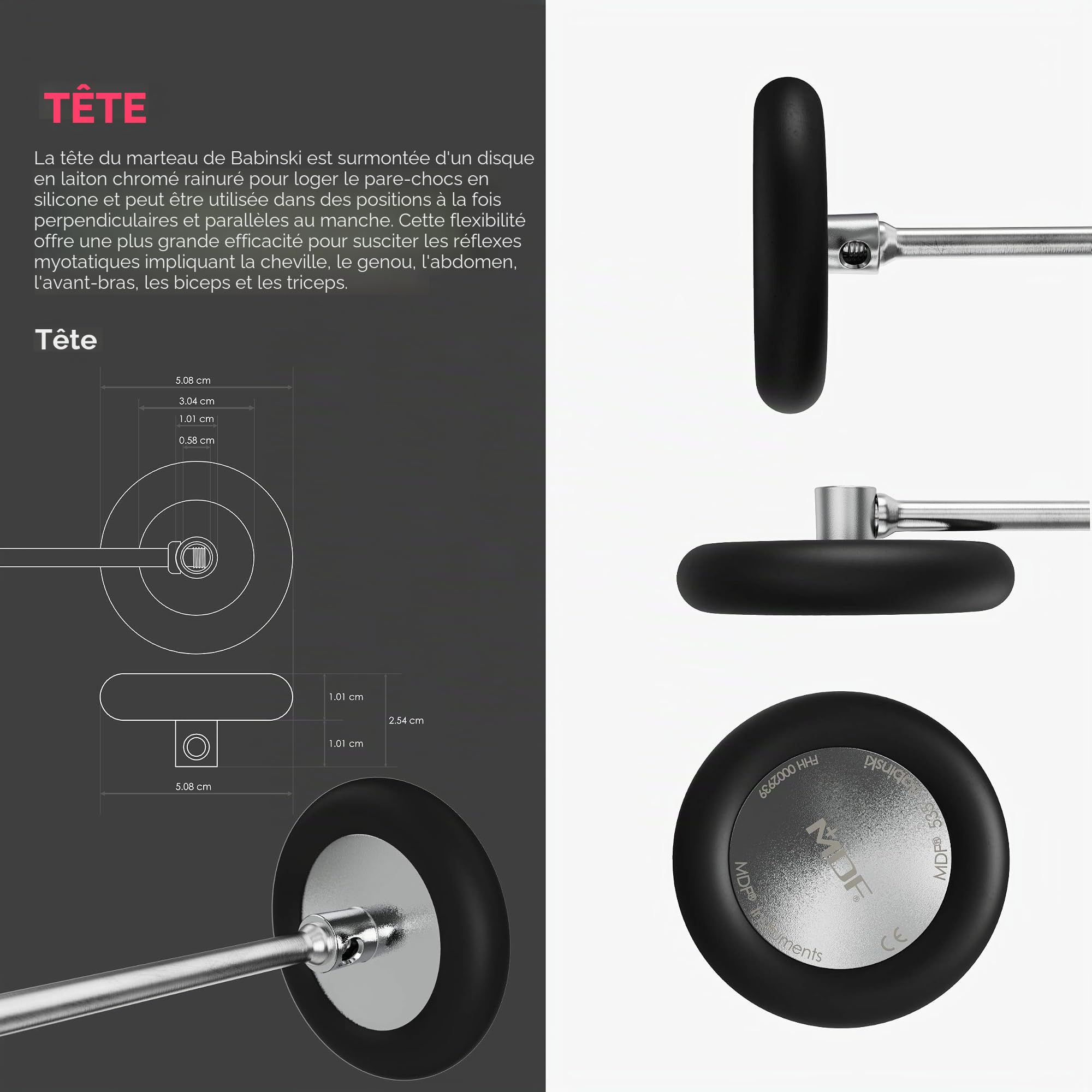MDF Instruments, Marteau à réflexes neurologique Babinski dotée d'une pointe pour tester la sensibilité cutanée, NOIR, MDF535-11