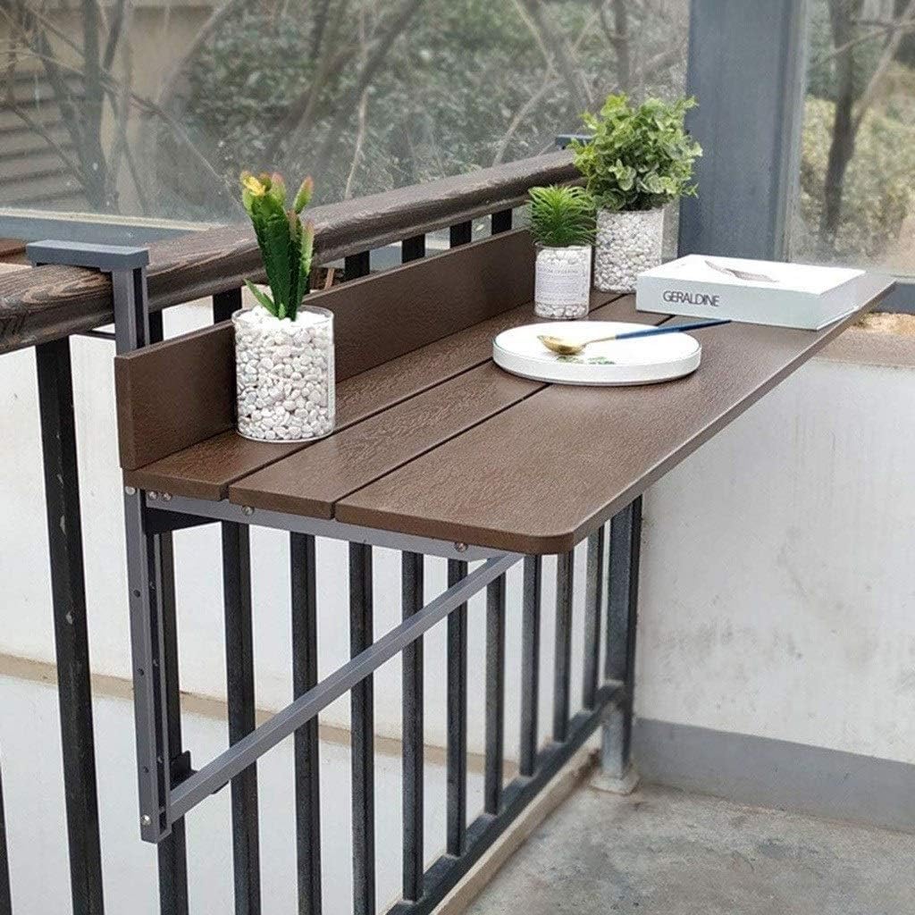 Składany i regulowany na wysokość stolik balkonowy – Brązowy stolik składany z aluminiową ramą na balkon, taras i do ogrodu (imitacja drewna, metalowy haczyk do zawieszenia)(120 * 37cm)