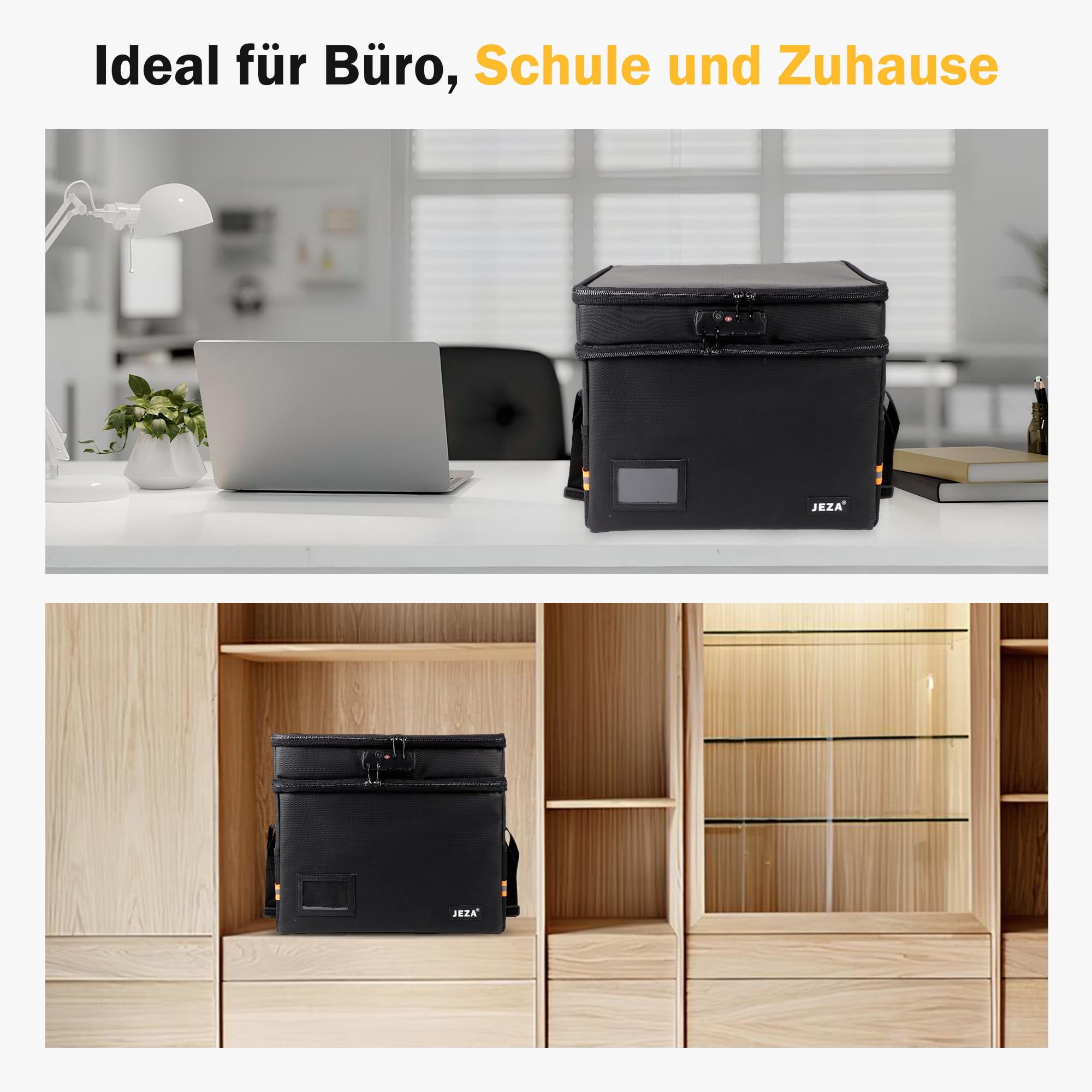 Jeza Feuerfeste und Wasserfeste Dokumentenbox mit Schloss, Faltbare Aufbewahrungsbox für Büro & Zuhause - Sichere Aufbewahrung für Dokumente & mehr - Inklusive 12 gratis Hängemappen