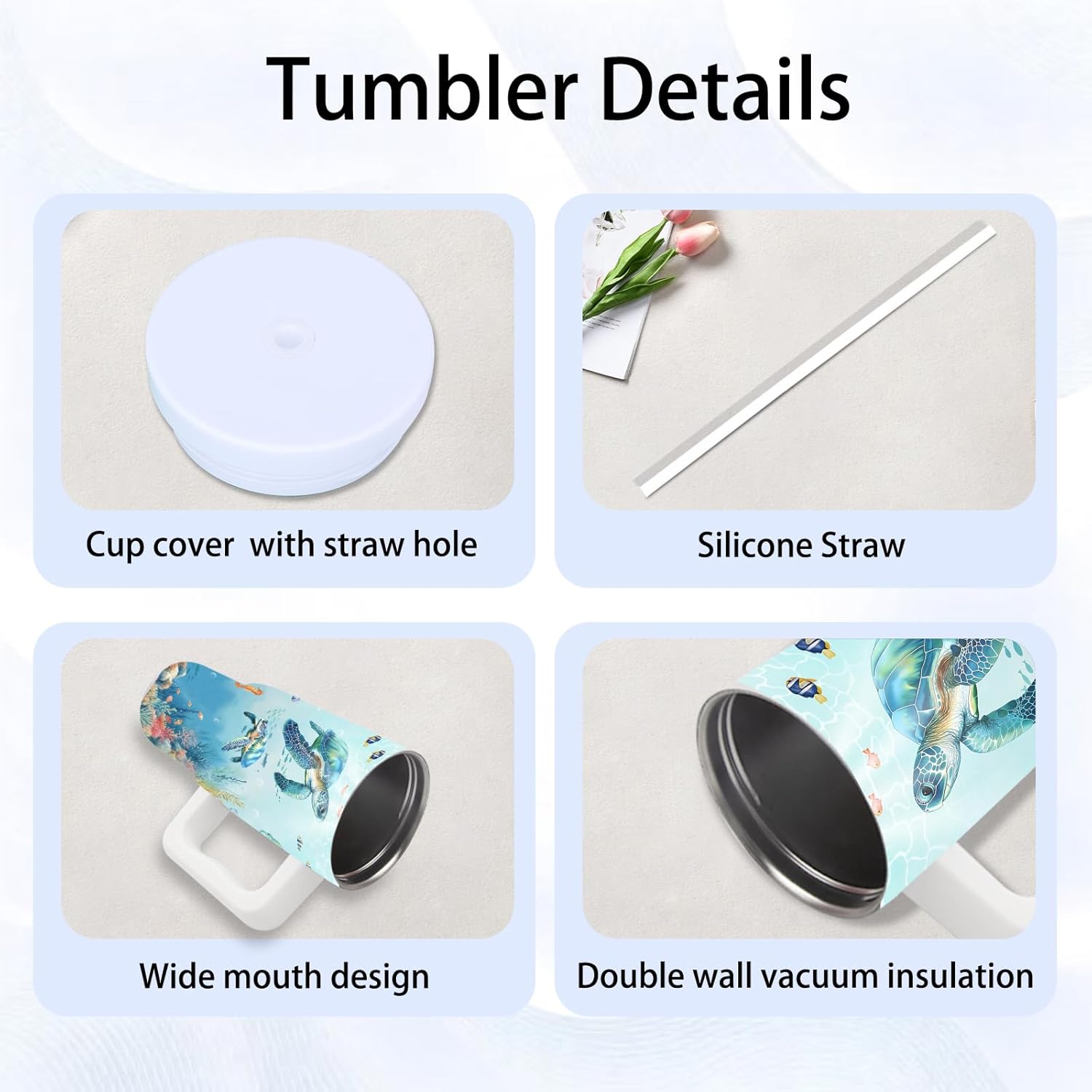 Sea Turtle Gifts - 24 oz Tumbler with Handle and Straw, Insulated Stainless Steel Cup, Leakproof, Blue Ocean Animal Lover Turtle Design Travel Mug for Women Fits Car Cup Holders, Keeps Drinks Cold/Hot - Image 4