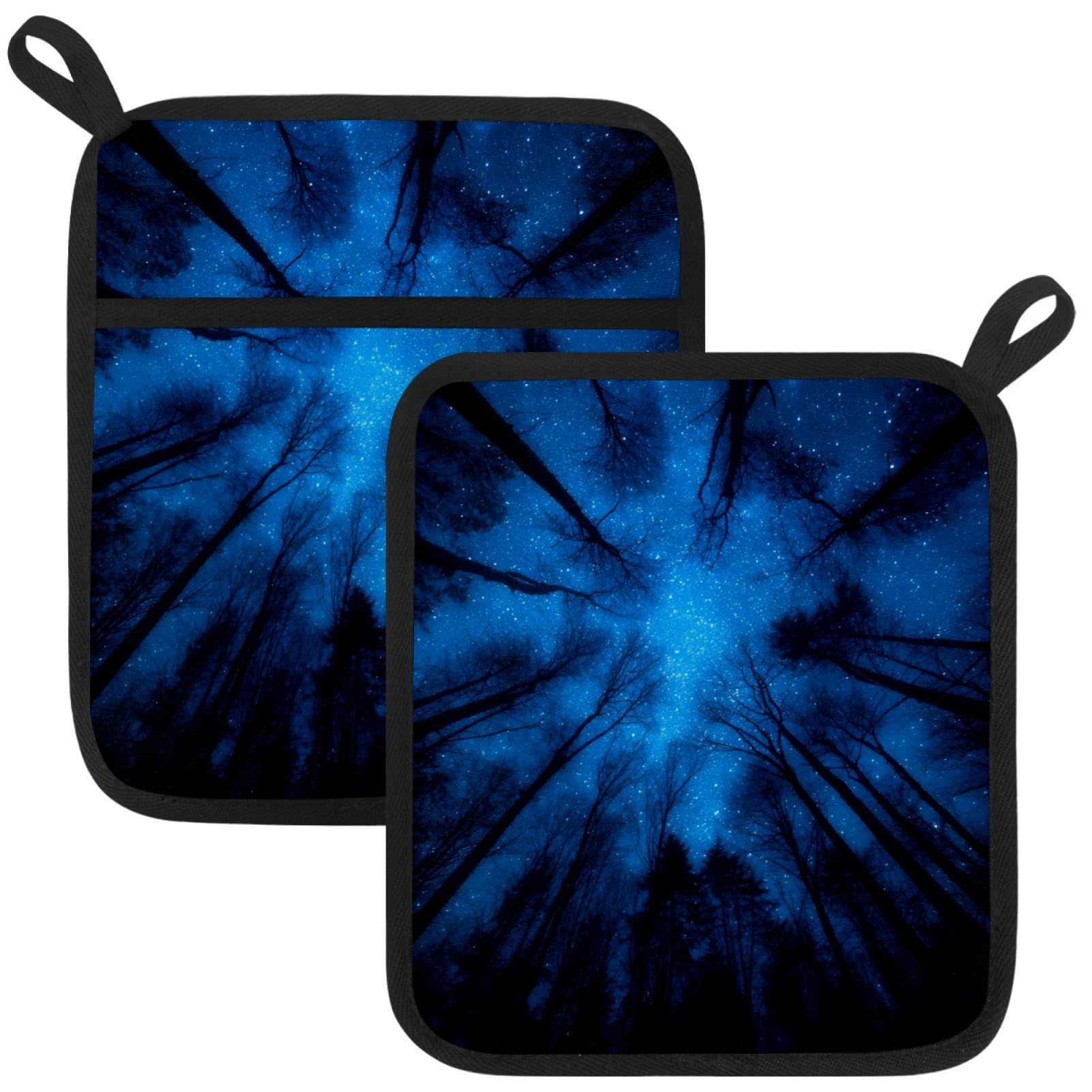 VAPOKF Starry Sky Forest Kitchen Hot Pot Holder, Pot Holders Heat Resistant Pot Holder with Pocket Heat Resistant Trivets for Hot Pans Cotton Pot Mitts for Kitchen Cooking Baking