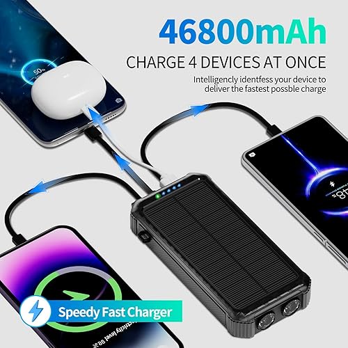 Miniatura 2 de Cargador solar portátil de batería batería de 46800 mAh con 3 cables integrados de 15 W, carga rápida de 4 salidas para todos los dispositivos