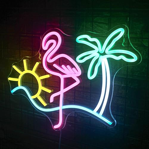 Miniatura 5 de Letreros de neón con forma de flamenco y palmera de sol para decoración de pared, divertido letrero de luz LED regulable de neón LED alimentado por