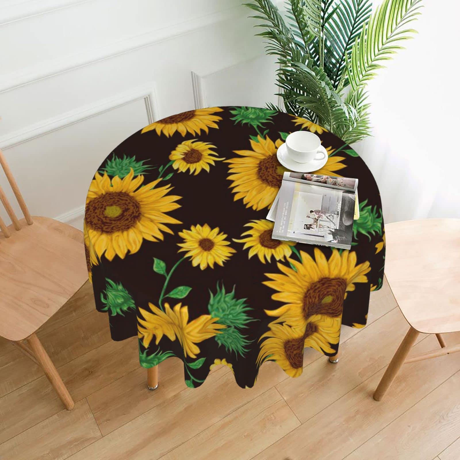 Lawenp Beautiful Sunflower Decorative Round Table Cloths - 60 Inches in Diameter for Buffet Tables, Parties, Holiday Dinners.