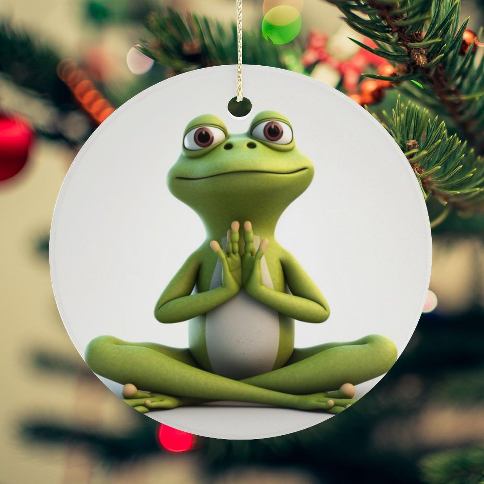 The Funny Frog Doing Yoga Christmas Ornament for Christmas Tree Ceramic Round Ornament Winter Holiday Keepsake Gift 2.7" Christmas Tree Hanging Decorations Circle Ceramic Pendant Xmas Gift