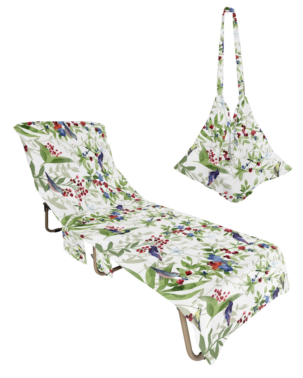 Beach Pool Patio Lounge Chaise Chair Cover Towel with Pockets, Greenery Plant Absorbent & Quick Dry Microfiber Towel Cover Bag Summer Travel Accessories for Sunbathing Animal Birds Leaves Watercolor