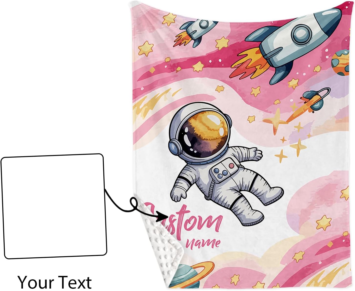 Personalized Baby Crib Bedding Set 5PCS – Custom Name Crib Set with Soft Baby Blanket, Fitted Sheet, Changing Pad Cover, Room Rug & Wall Art Set, Pink Astronaut Theme Nursery Décor for Girls