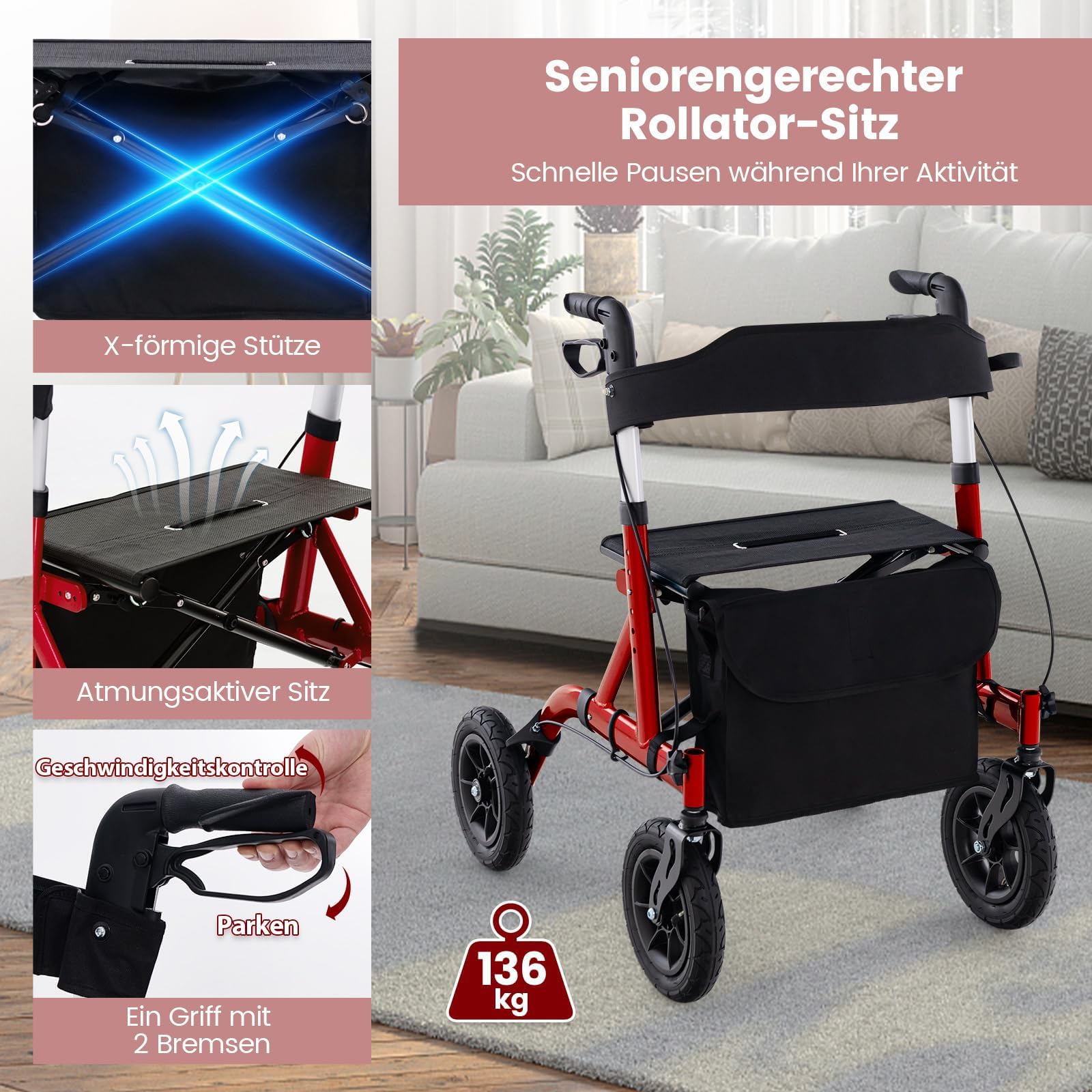 FANTASK Rollator mit Sitz für Senioren, Rollatoren Aluminium 6-fach höhenverstellbar, faltbar und leichtgewicht Laufhilfe mit Luftbereifung, 2 in 1 Rollstuhl & Reiserollator bis 160kg (Rot)
