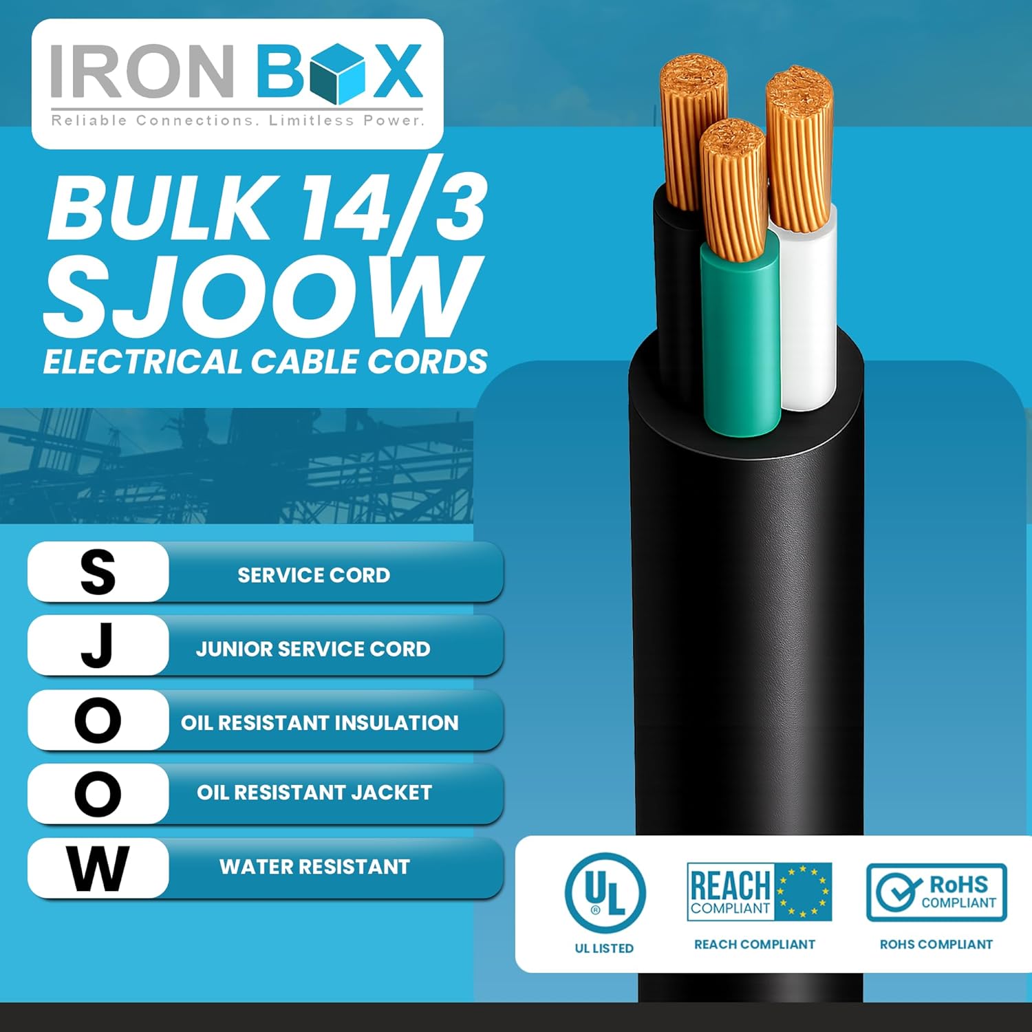 IronBox Electric 14/3 Bulk Cable - SJOOW Electrical Cable - 3 Wire Conductor, 15A, 300V - Water and Oil Resistant - Heavy Duty Portable Outdoor Extension Cord for Generator, HVAC System & More (250ft)