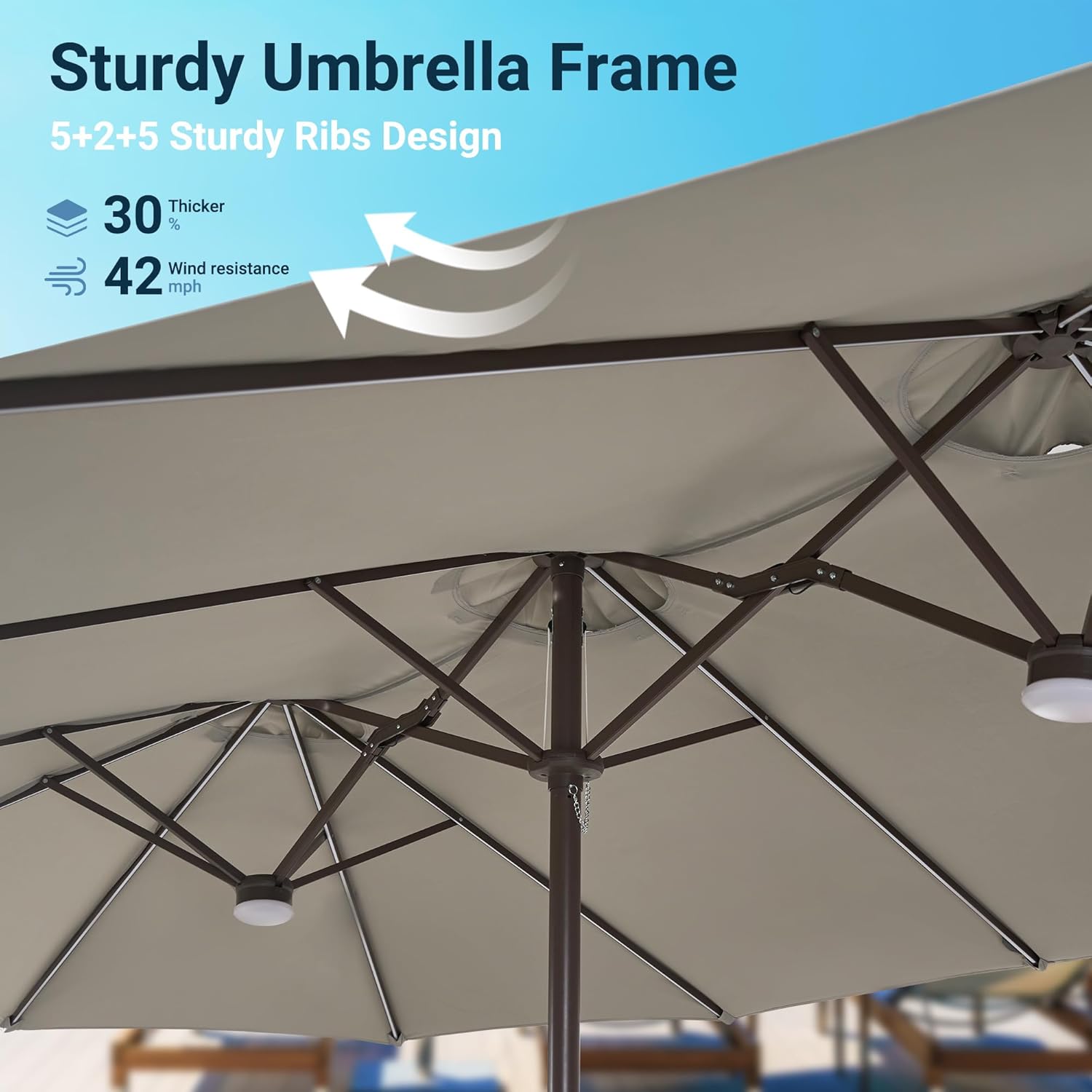 HOOOWOOO Outdoor Patio Umbrella With Solar Light,15 Ft Large Beach Umbrella,Picnic Parasol Sunshade W Base 156 Colorful LED APP Control DIY Light Modes Crank Handle For Backyard Deck Pool Shade