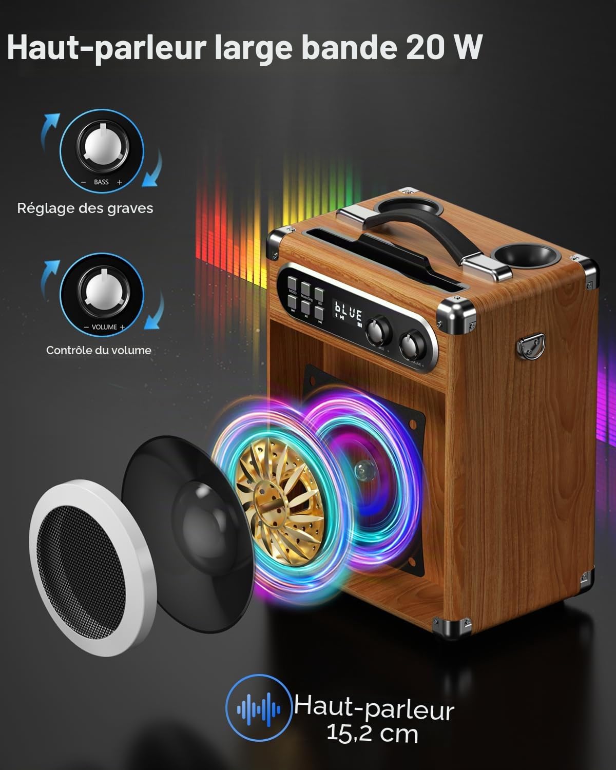 Machine de karaoké Portable, karaoké Professionnel avec 2 Microphones sans Fil UHF, système PA avec Lampe DJ, idéal pour karaoké Familial, fêtes de Chant, fêtes, Mariages (Bois)