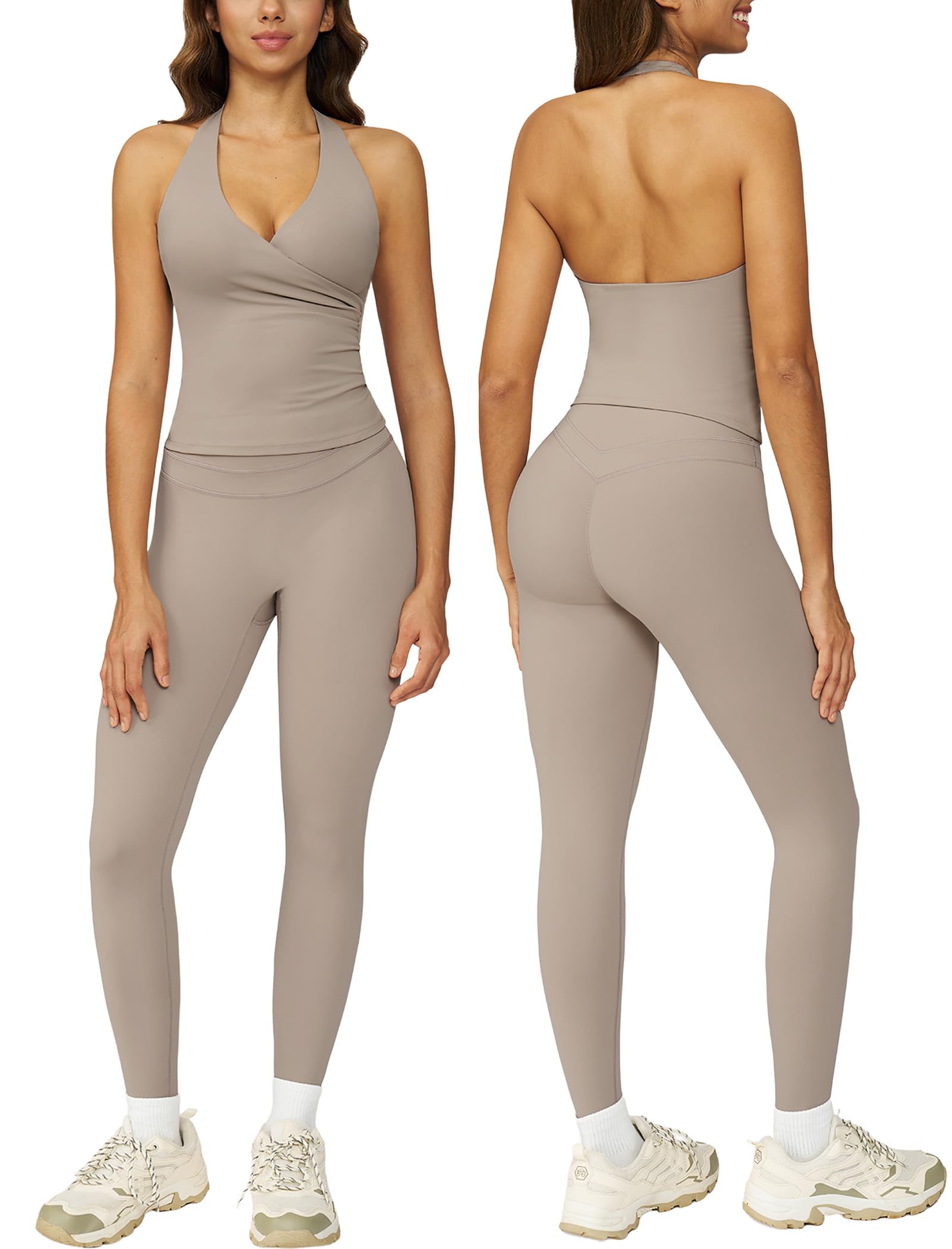 ABOCIW Two Piece Workout Sets for Women Wrap Halter Tank Top High Waist Leggings Yoga Pilates Outfits