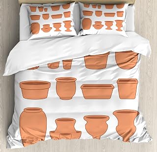 Lunarable Clay Duvet Cover Sets, Garden Plant Themed Round Square Pan Flowerpots Mud Pots Saucers Printing, Bedding Set with 2 Duvet Covers 4 Pillowcases, 2 Pack Cal King Size, White Burnt Sienna
