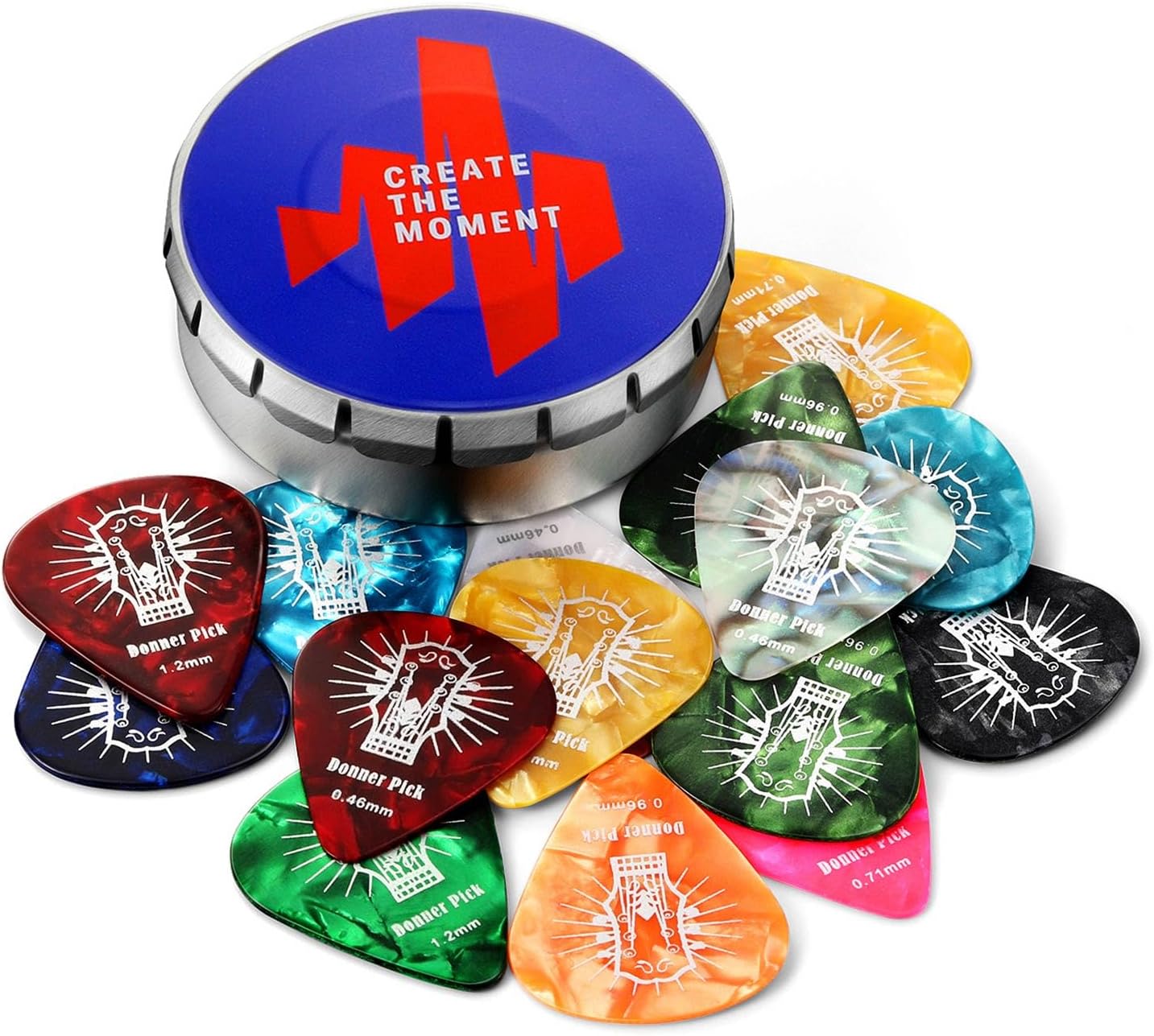 Donner Guitar Picks Celluloid 16 Pack for Acoustic Guitar Electric Guitar Ukulele,Includes Thin,Medium, Heavy & Extra Heavy Picks with Case
