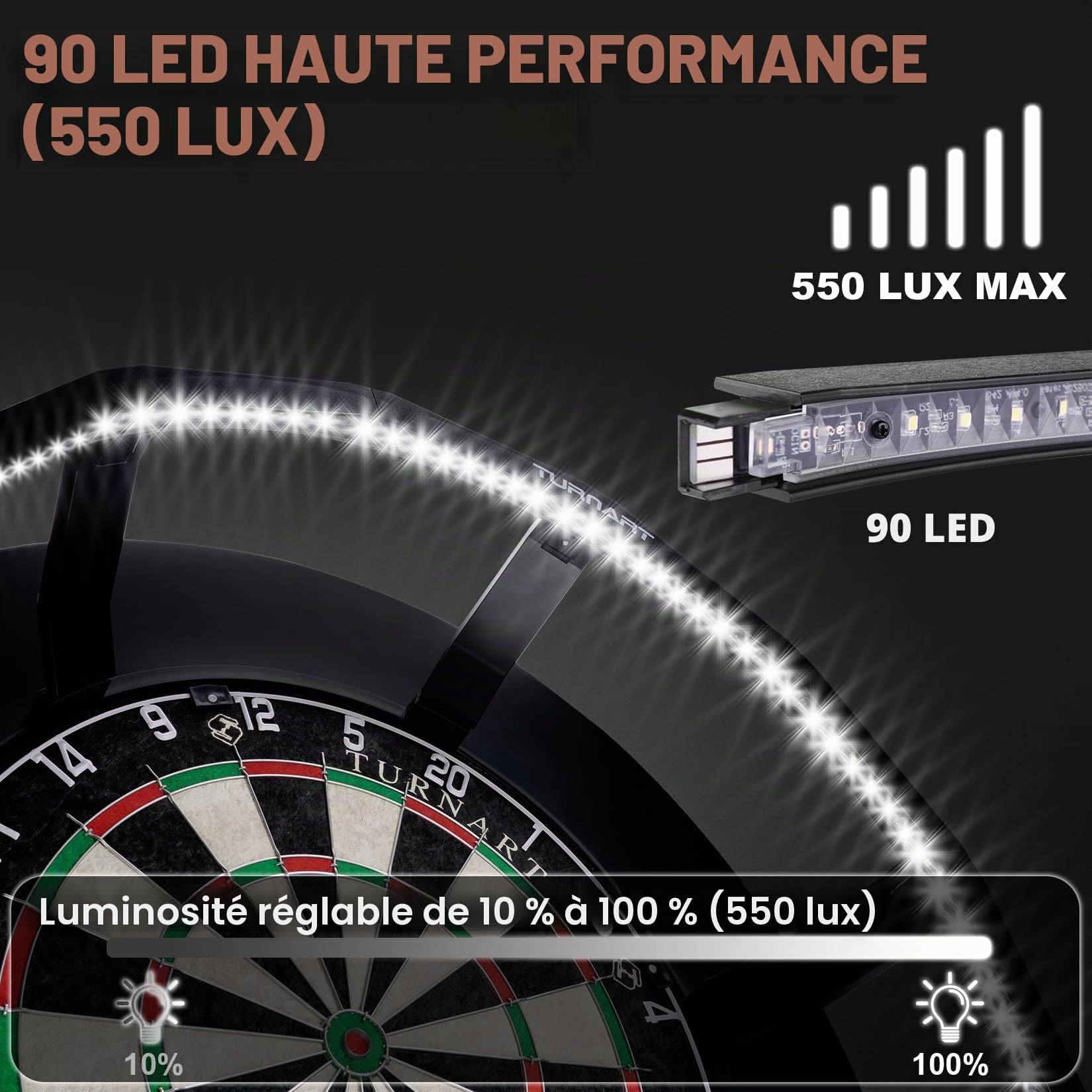 Turnart Cible de fléchettes - Éclairage 360° - Pour cible en acier - 90 LED - Noir - Polypropylène (PP) - Pour salon ou bar