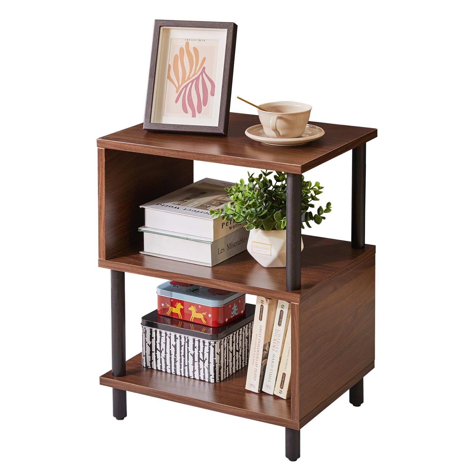 Aibiju Table d’Appoint, Petite Table,Table de Canapé avec 2 Compartiments pour Chambre à Coucher, Salon, Pieds Marron + Noirs, YD-TM152LW