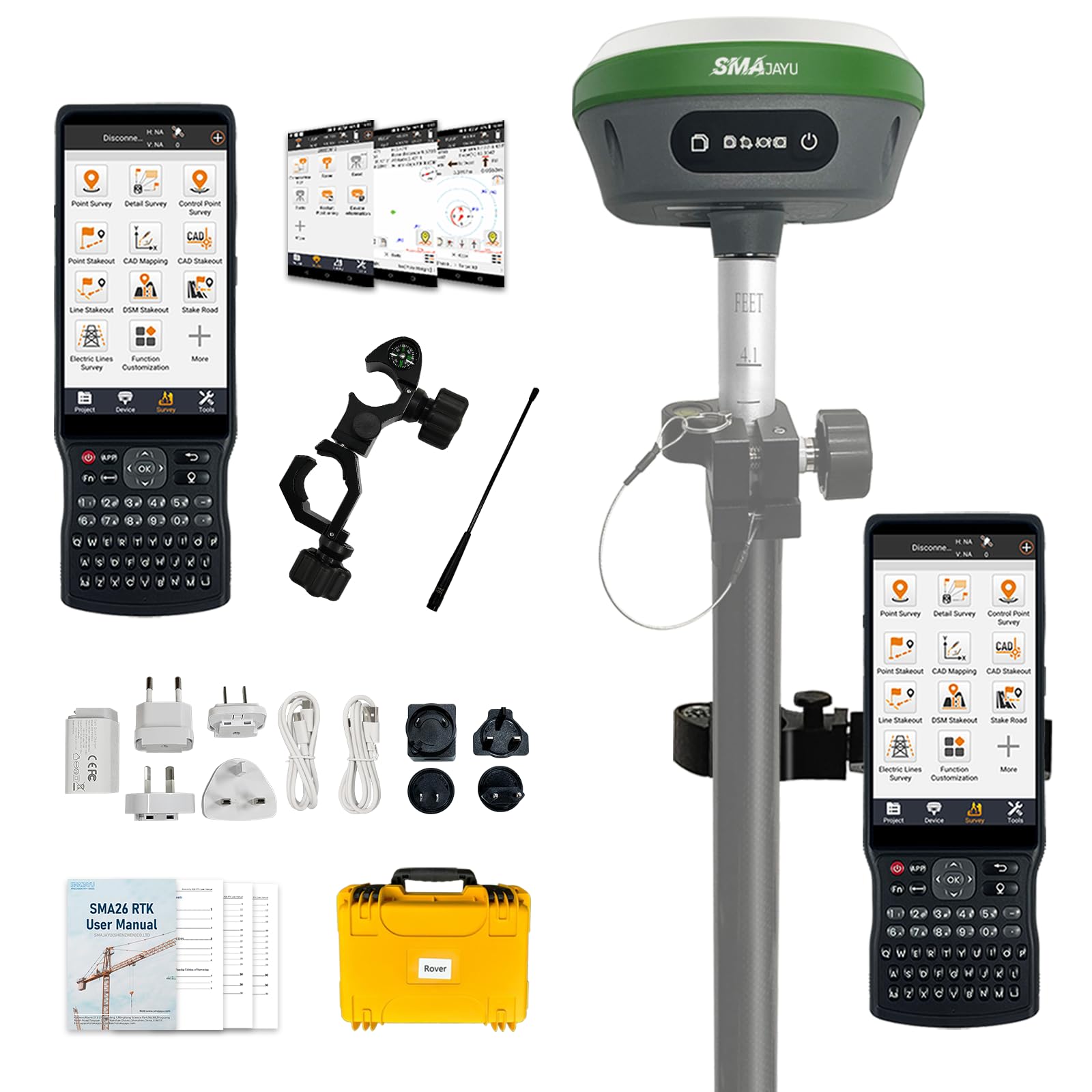 RTK GNSS Surveying Equipment Switchable Rover & Base 32G Storage | Handheld Collector + Survey Software | Static & RTK Land Survey | NOAA Certified | SMA26 (Pole Not Included)
