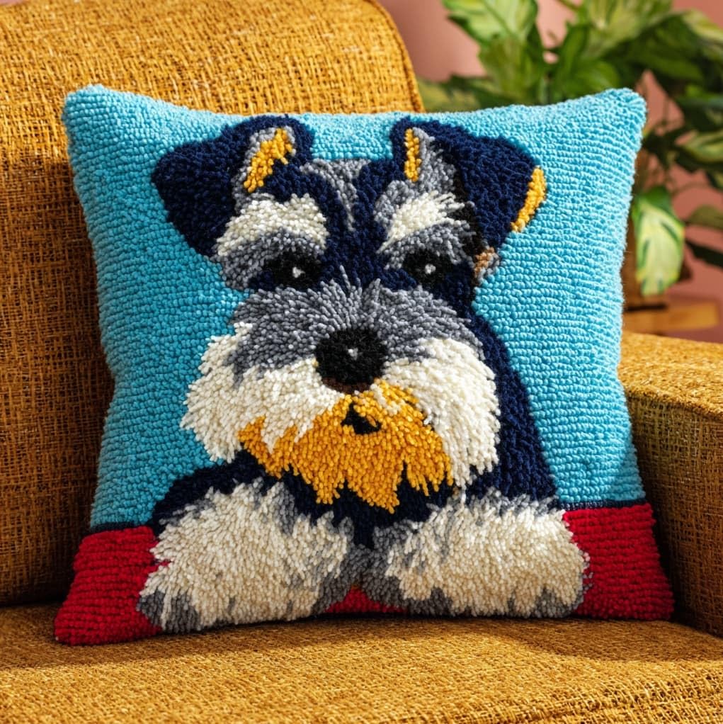 Henypt DIY Latch Hook Cushion Kit 43x43cm,Schnauzer Dog Complete Needlecraft Set with Pre-Cut Yarn & Tools,Creative Home Decor Gift for All Ages