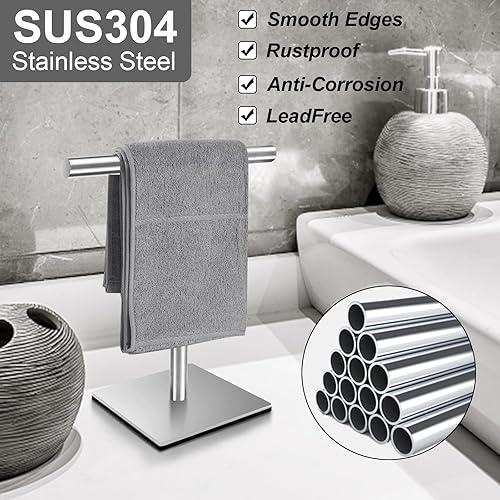 Miniatura 3 de Mutclord Toallero de mano cuadrado en forma de T, toallero de mano independiente para encimeras de baño o cocina, con acabado cepillado de acero