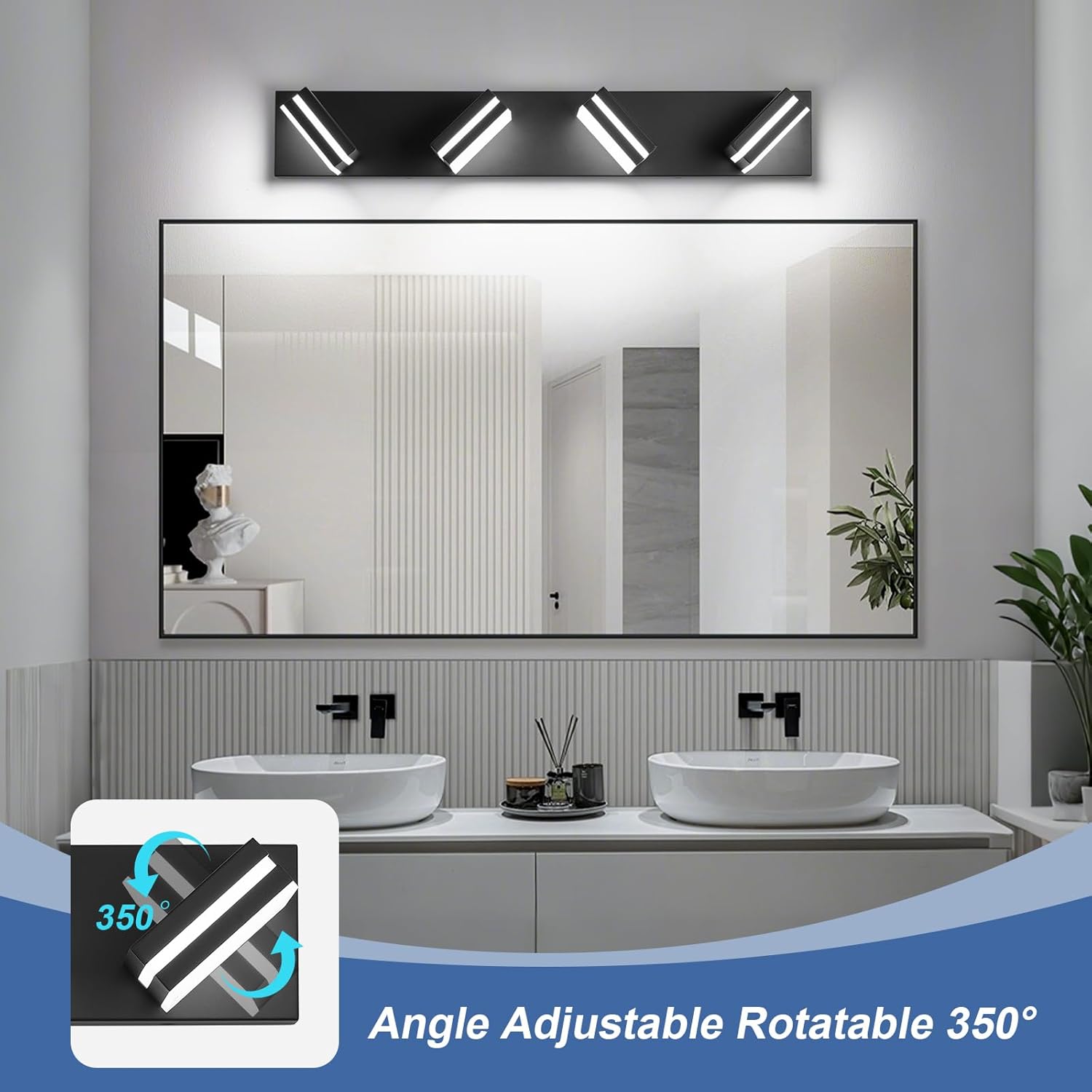 Modern LED Bathroom Lights Fixtures 4-Light,Metal Black Acrylic Wall Lighting,Vanity Lights for Bathroom Over Mirror 6000k 27in 27.17 in Black