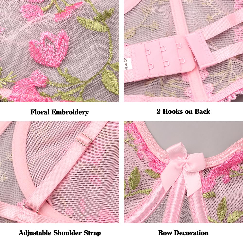 WBDWWTD Conjuntos de lencería Sexy Babydoll para Mujer, 2 Piezas, Bordado de Flores, Conjuntos de Malla Transparente, Conjunto de Sujetador con Tanga con Aros, Traje de Encaje para Dormir en