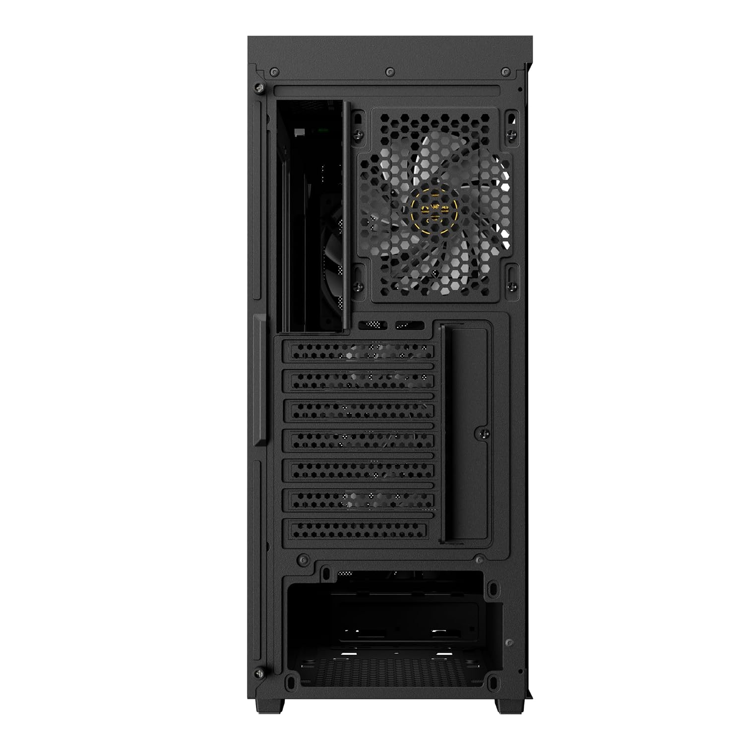 Rear view of the GAMDIAS Aura GC11 ARGB PC case, showing the PSU mounting area and expansion slots.