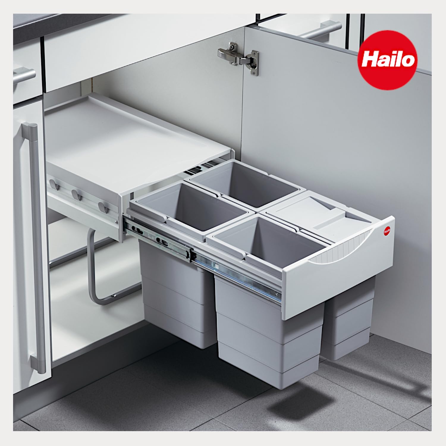 Hailo Abfallsammler 3643141 | 4x 8,5 Liter | Einbau Mülleimer für 40 cm Unterschrank | Mülltrennsystem mit Vollauszug | Raumspar-Tandem | Mülleimersystem Küche | Ein Biomüll Deckel inkl.