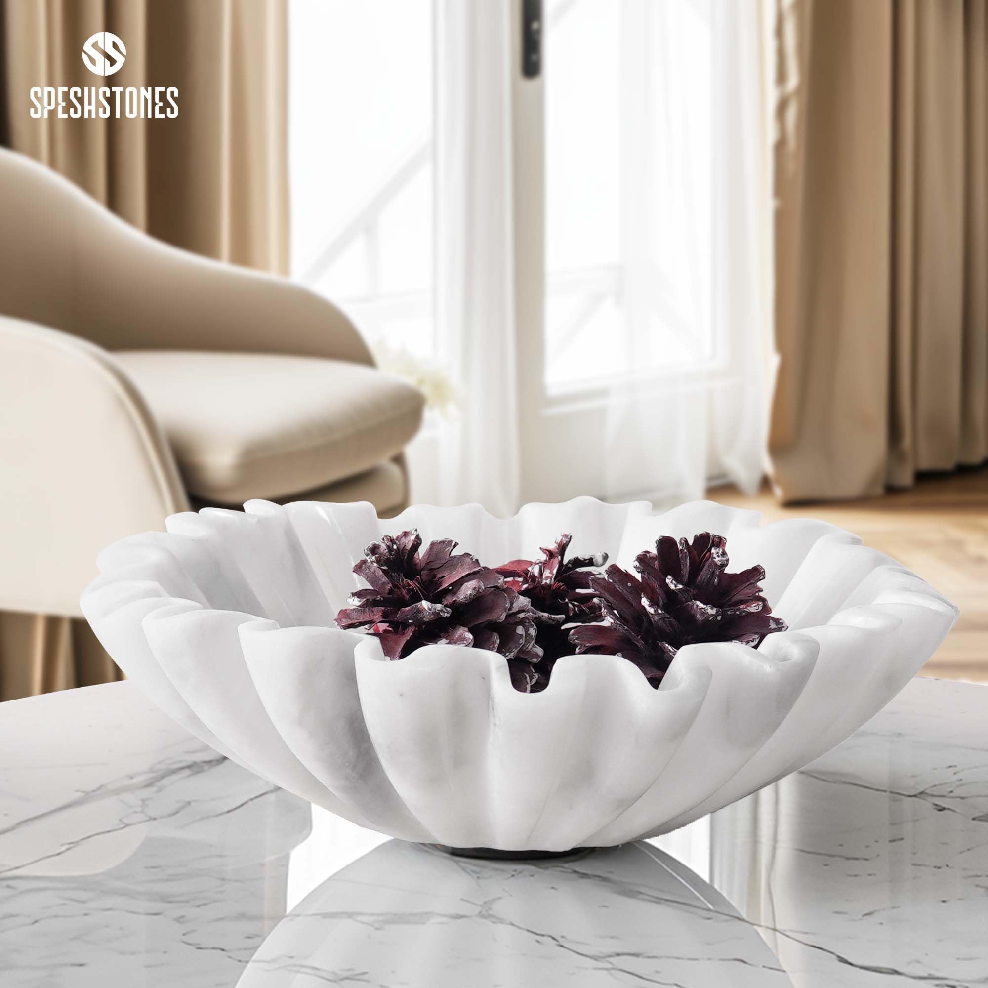 Radicaln Bol festonné en marbre fait à la main 8 pouces à volants blanc, bol à fruits pour le comptoir de cuisine, grands bols décoratifs pour les cadeaux de pendaison de crémaillère