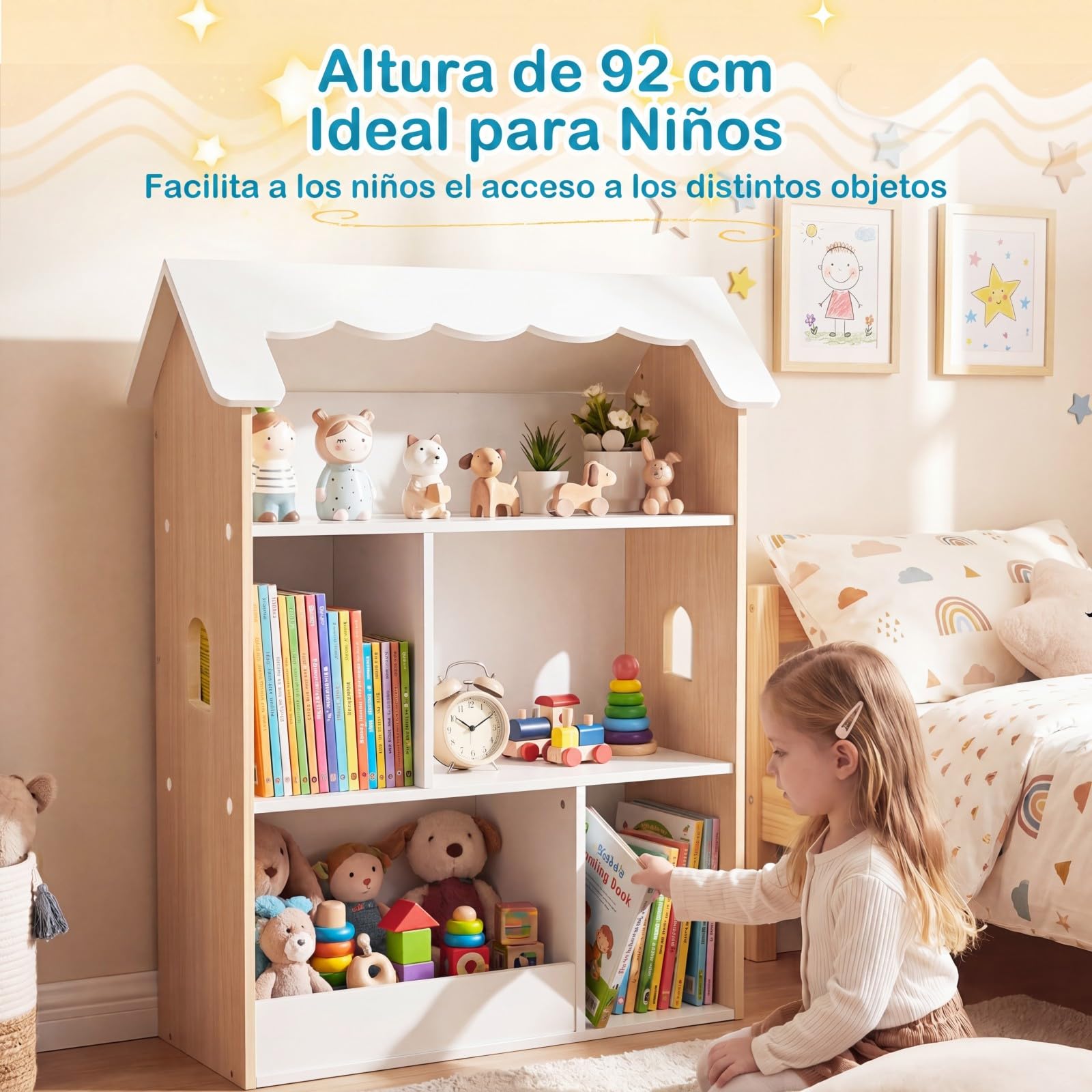 COSTWAY Librería Infantil de 3 Niveles, Estantería para Niños en Forma de Casa con Estantes Abiertos, Armario Organizador de Juguetes de Madera para Sala de Juegos Habitación Infantil Guardería