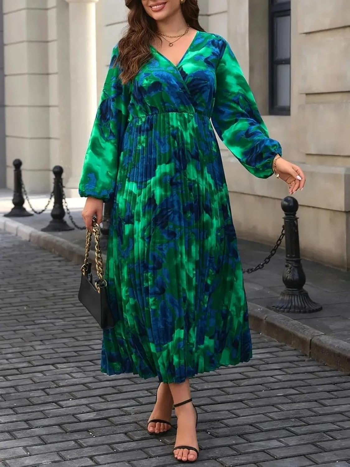 Autumn new European and American Plus Size tie dye Pleated Waist Dress, Pleated Long Sleeved V-Neck Dress