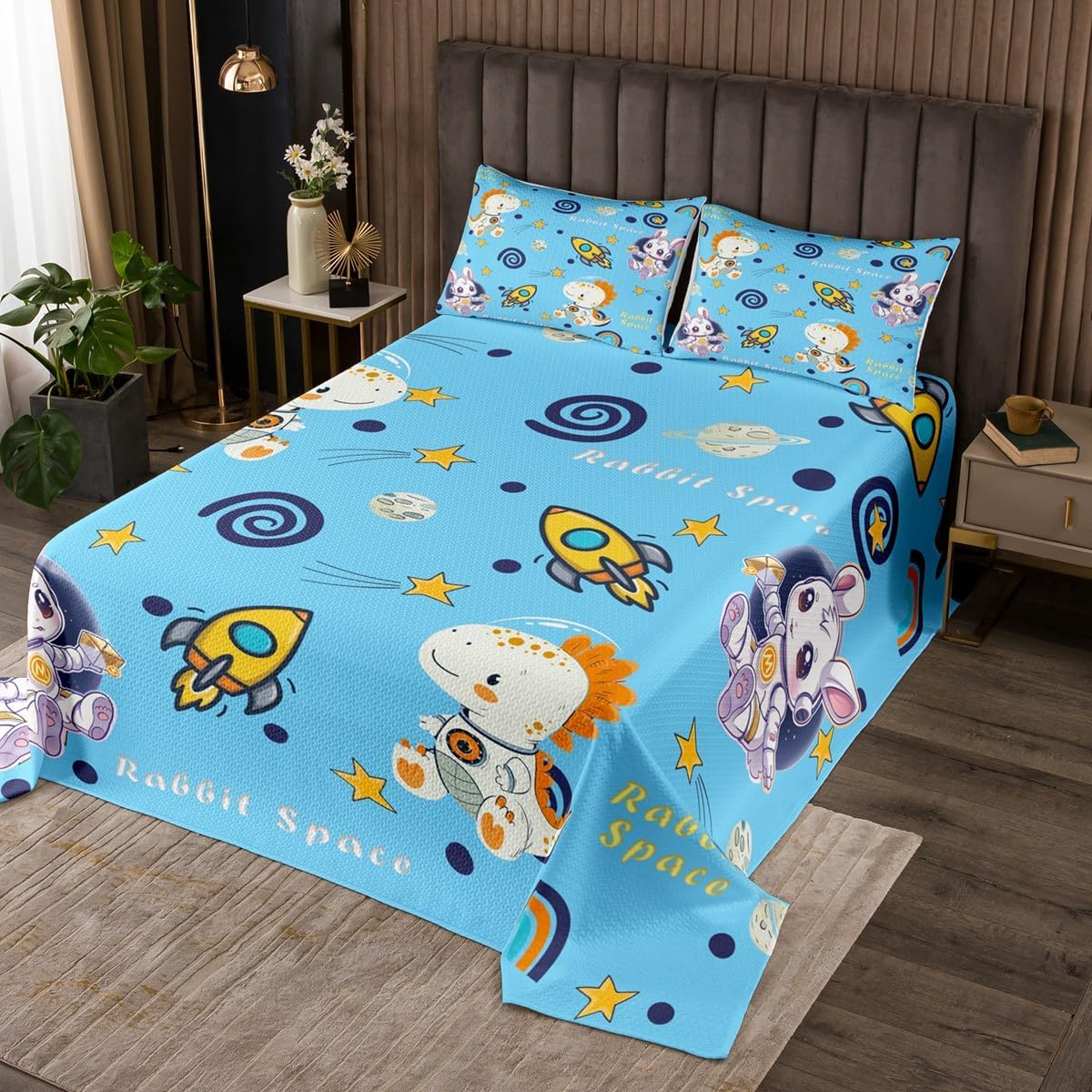 Homewish Rabbit Dinosaur Kids Bedspread Queen Size,Rocket Planet Astronaut Bedding Set for Boys Girls Room Decor,Star Rainbow Polka Dot Quilt 3Pcs,Cartoon Animal Blue Coverlet Set,2 Pillowcases