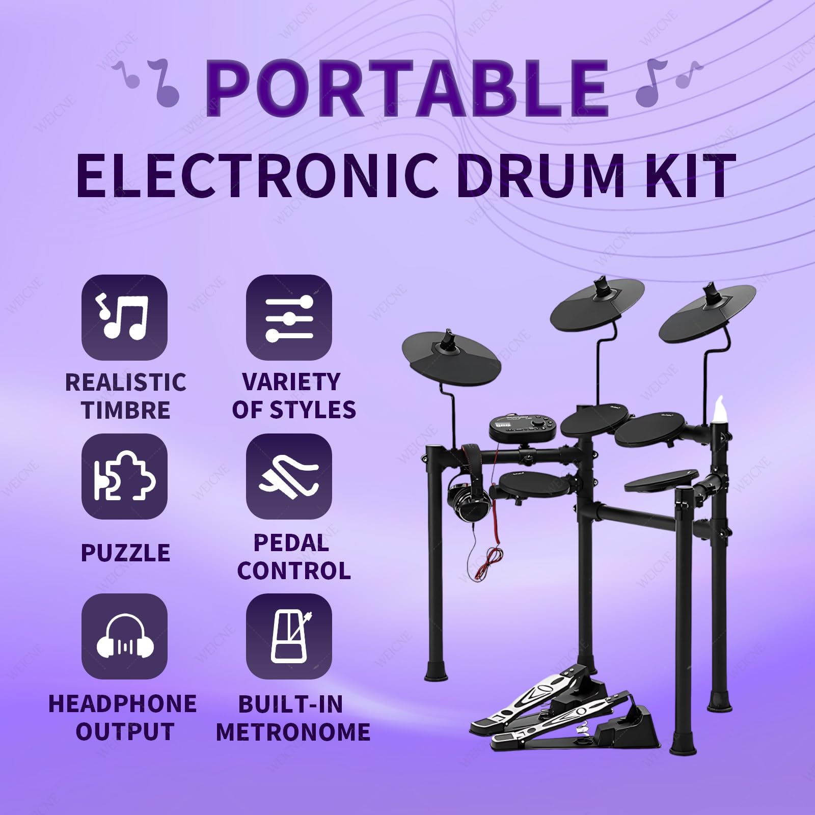 Batteria Elettronica, 10 Kit di Batteria E Batteria Elettronica con 128 Suoni, Supporta USB Midi, Pelli in Silicone Silenziose, con Piatti, Bacchette E Cuffie, per Principianti E Bambini PRO
