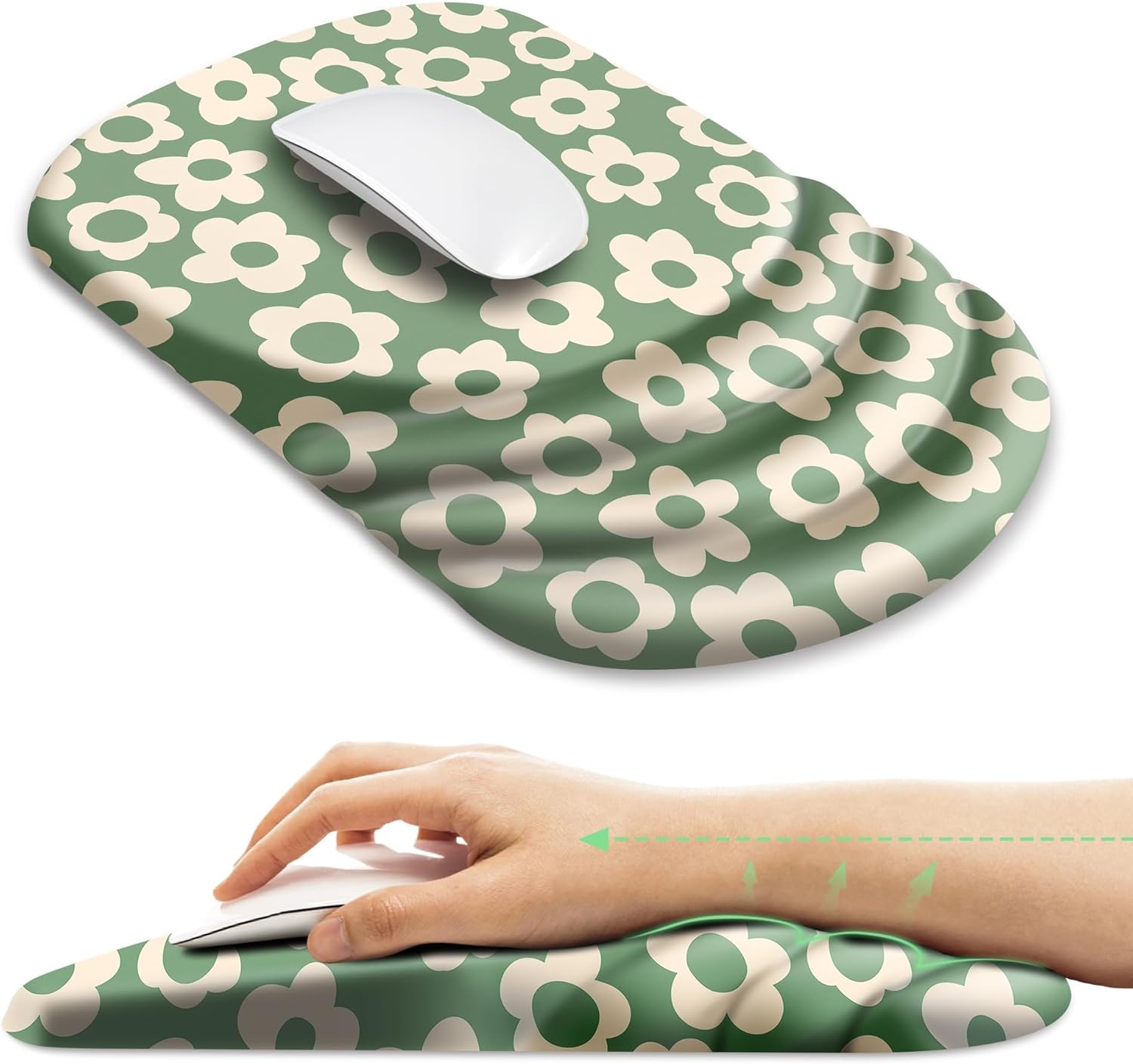 Ergonomic Mouse Pad with Wrist Rest Support,Non-Slip PU Base,Massage for Carpal Tunnel Pain Relief,Memory Foam Mousepad for Home,Office,Work（Abstract Green Flower）