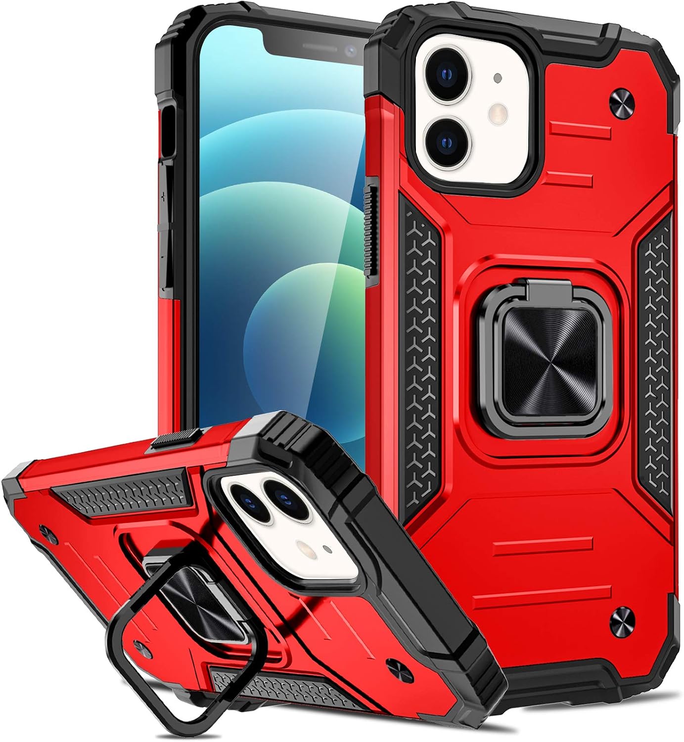 Charlam Compatible with iPhone 12 Case Compatible with iPhone 12 Pro Case 6.1" 2020 for Women Men, Sleek Durable Dual Layer Shock Absorption Case Cover with Metal Ring Kickstand, Red