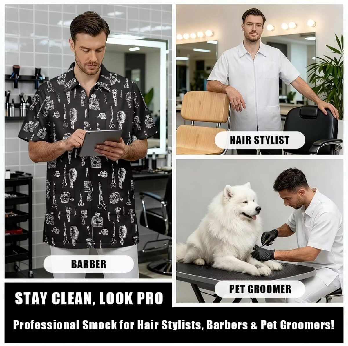 Nylon Salon Hairstylist Smock Barber Haircut Zipper Jacket, Dog Pet Grooming Work Shirt Uniform