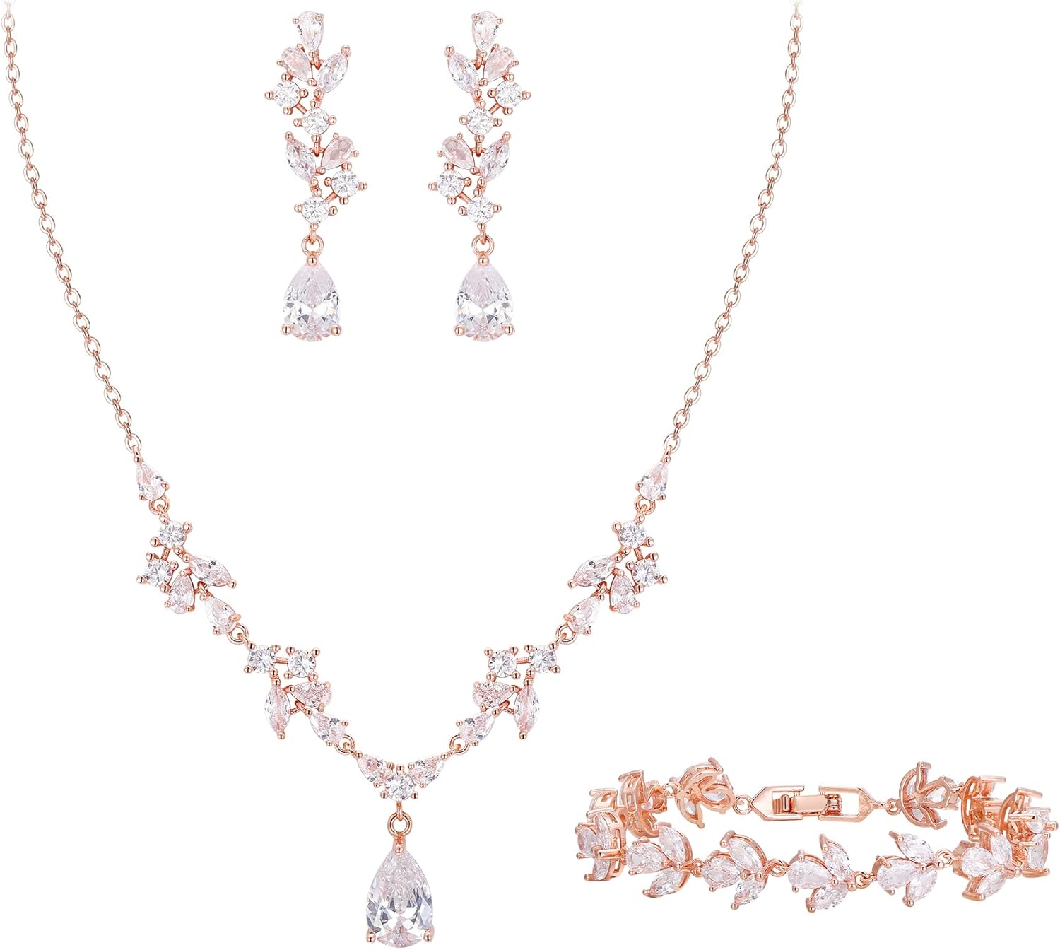 Crysdue Wedding Bridal Jewelry for Women Bridesmaid, Sparkle Teardrop Marquise Cubic Zirconia Y-Necklace Dangle Earrings Tennis Bracelet Elegant Prom Jewellery Set