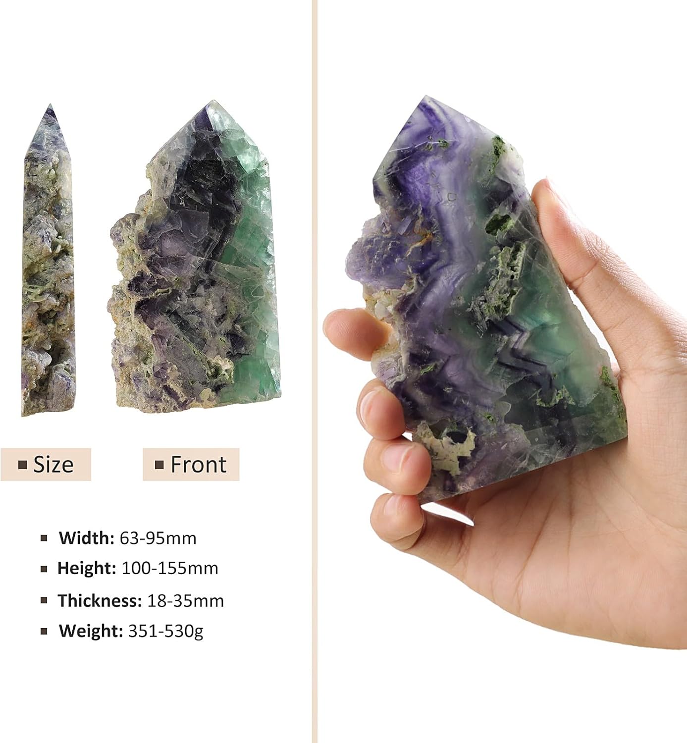TUMBEELLUWA Natural Fluorite Crystal Wand for Healing, Pointed Crystal Obelisk Tower Raw Stone Mineral Specimen Decor, 351-530 g